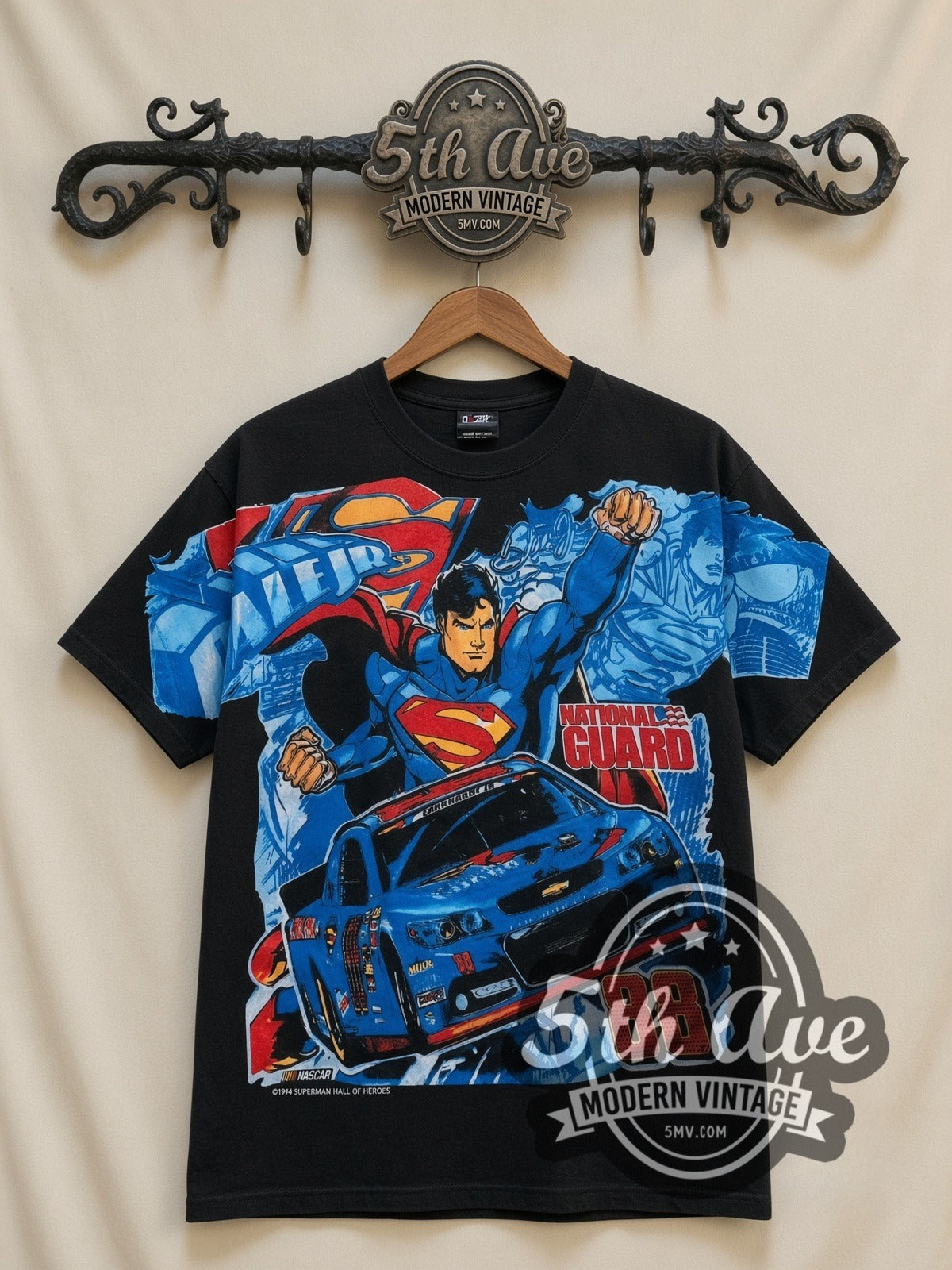 NASCAR Superman & Dale Earnhardt Jr. #88 National Guard all-over-print vintage NASCAR t-shirt, front view on a display rack