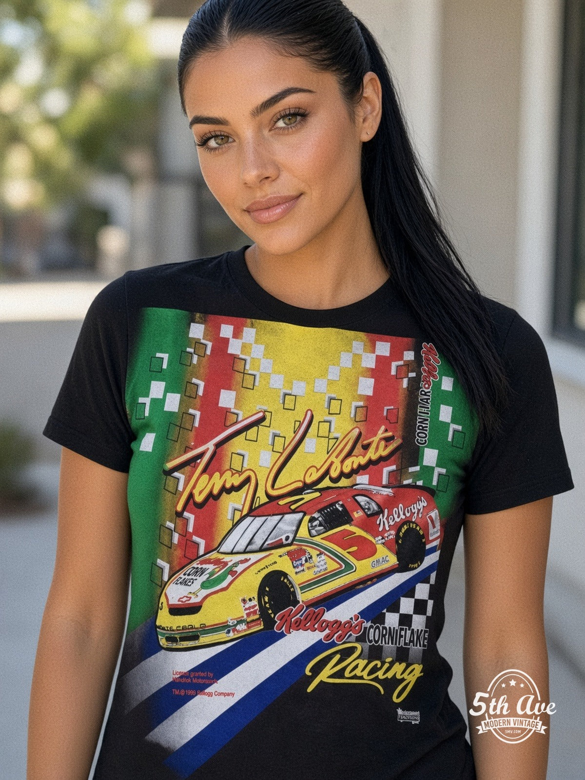 NASCAR Terry Labonte 5 Kelloggs Corn Flakes vintage tee model wearing
