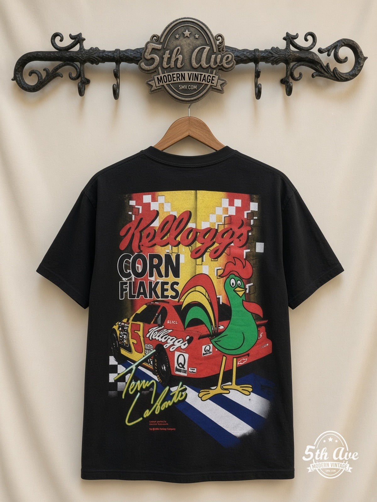 NASCAR Terry Labonte 5 Kelloggs Corn Flakes all over print vintage tee back on cream 5th Ave rack