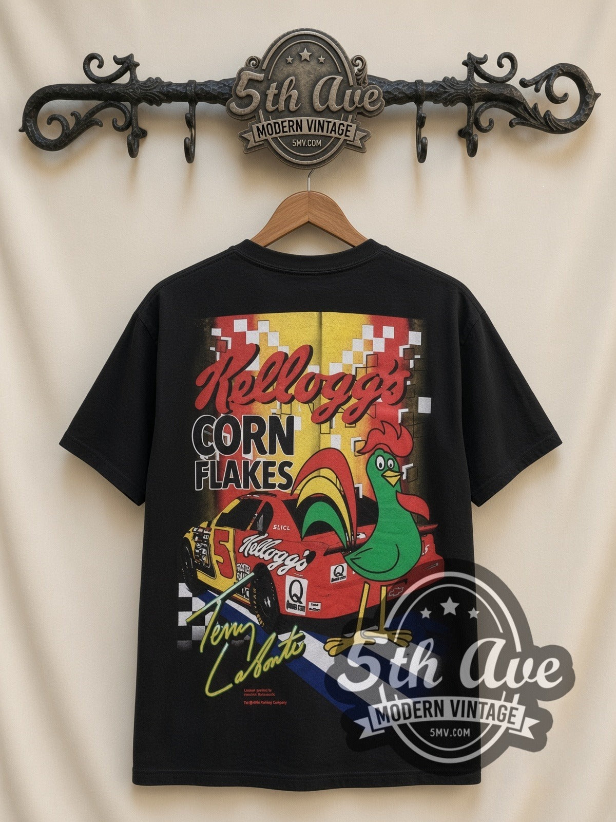 NASCAR Terry Labonte #5 Kellogg's Corn Flakes all-over-print vintage NASCAR t-shirt in black, back view on a display rack