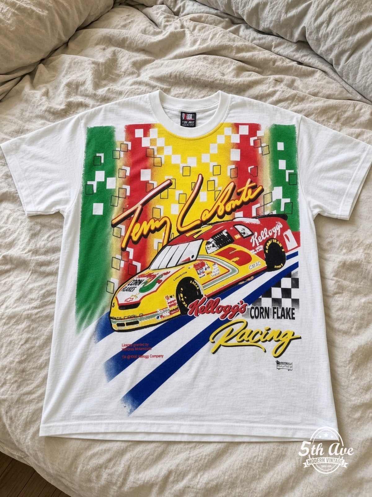 NASCAR Terry Labonte 5 Kelloggs Corn Flakes vintage tee laid on bed