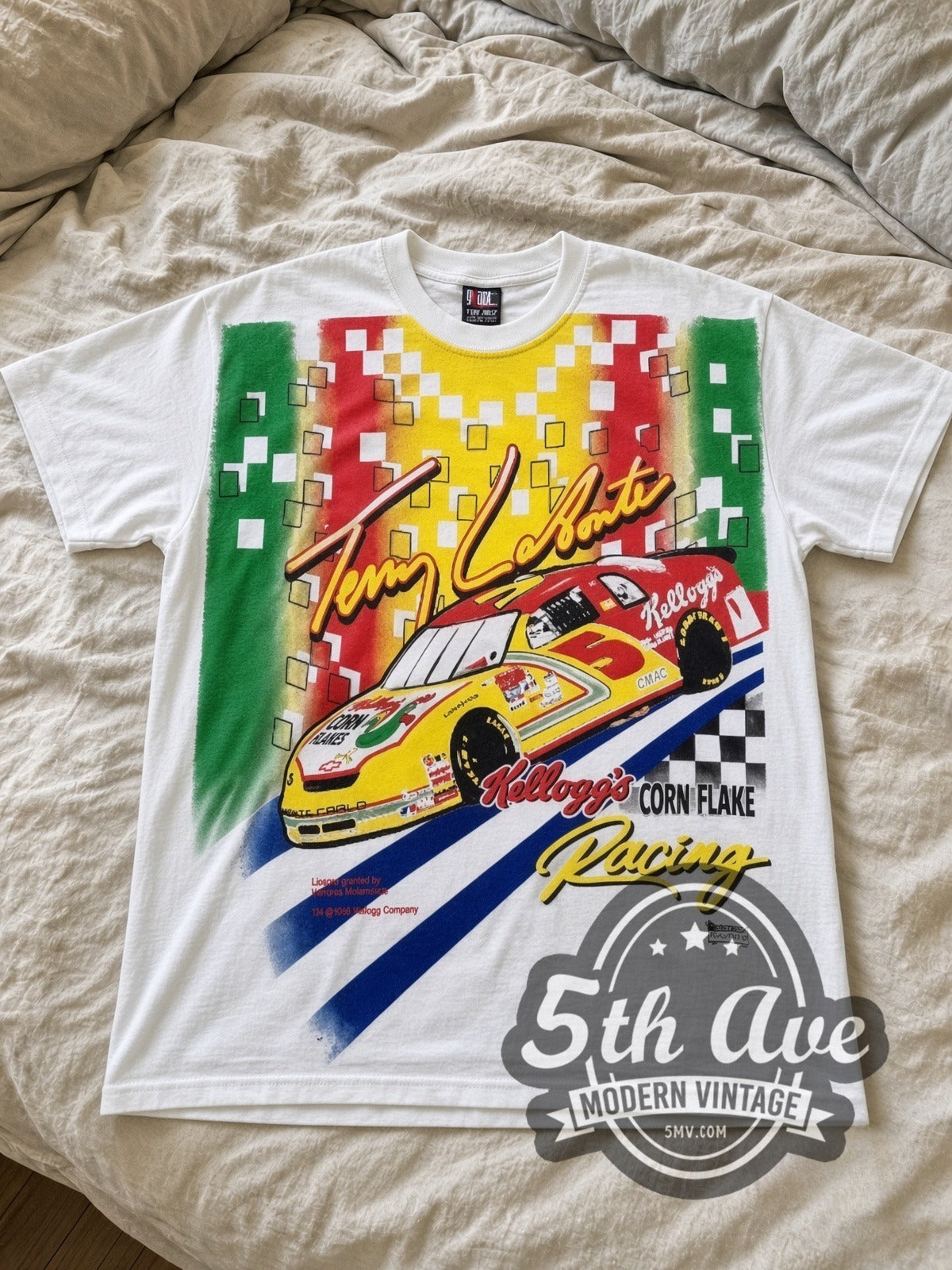 NASCAR Terry Labonte #5 Kellogg's Corn Flakes all-over-print vintage NASCAR tee in white laid flat