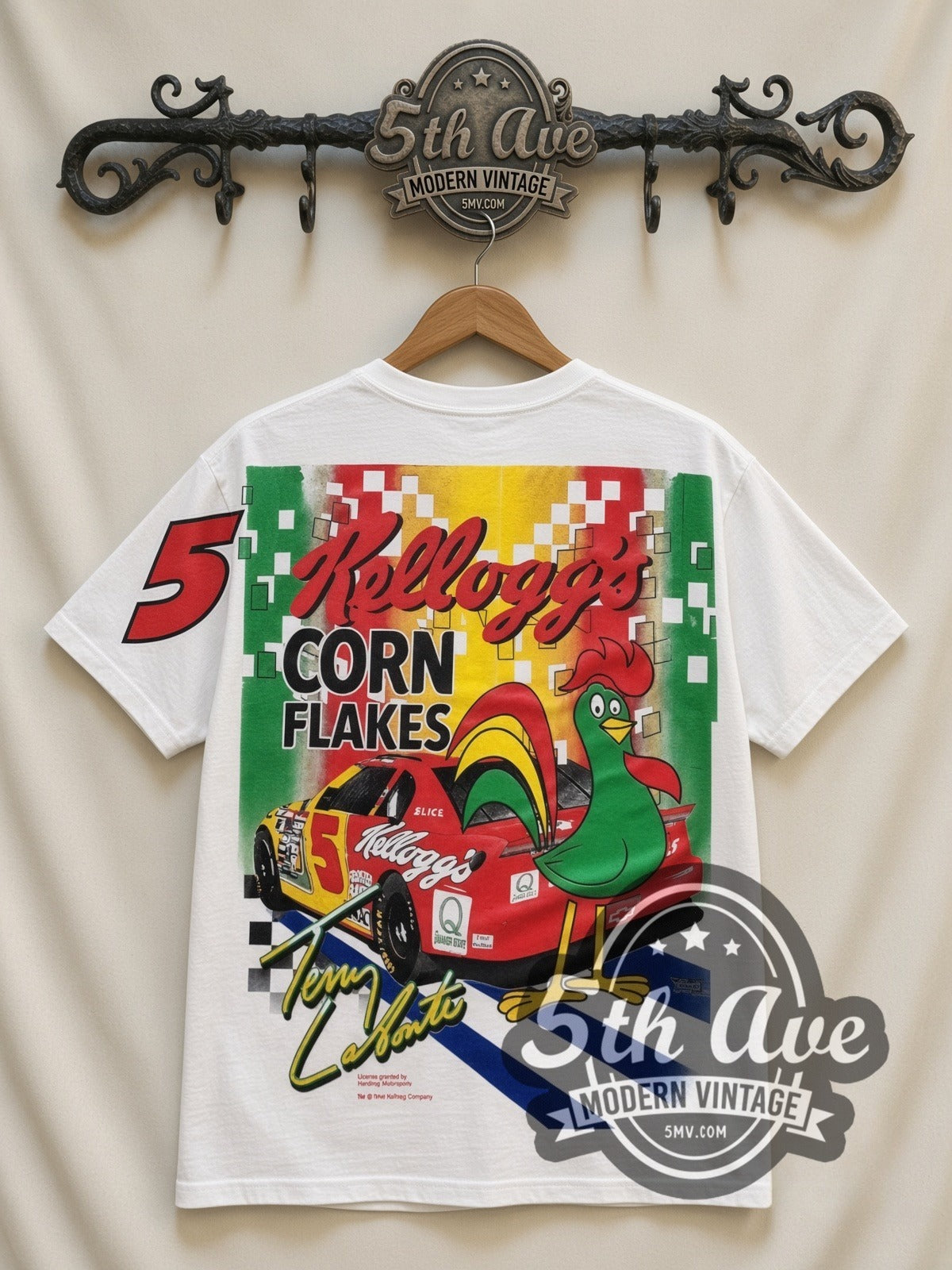 NASCAR Terry Labonte #5 Kellogg's Corn Flakes all-over-print vintage NASCAR t-shirt in white, back view on a display rack