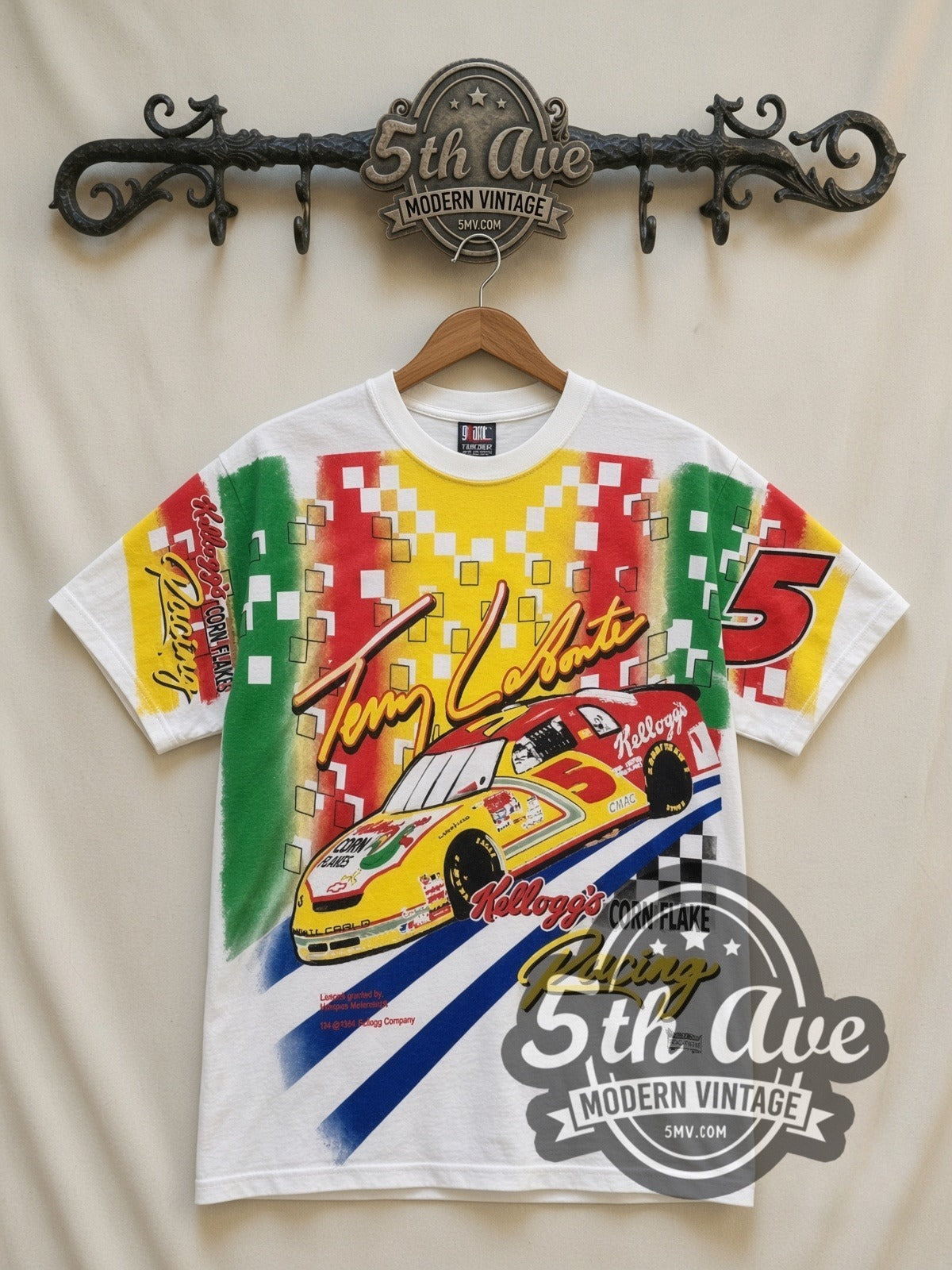 NASCAR Terry Labonte #5 Kellogg's Corn Flakes all-over-print vintage NASCAR t-shirt in white, front view on a display rack