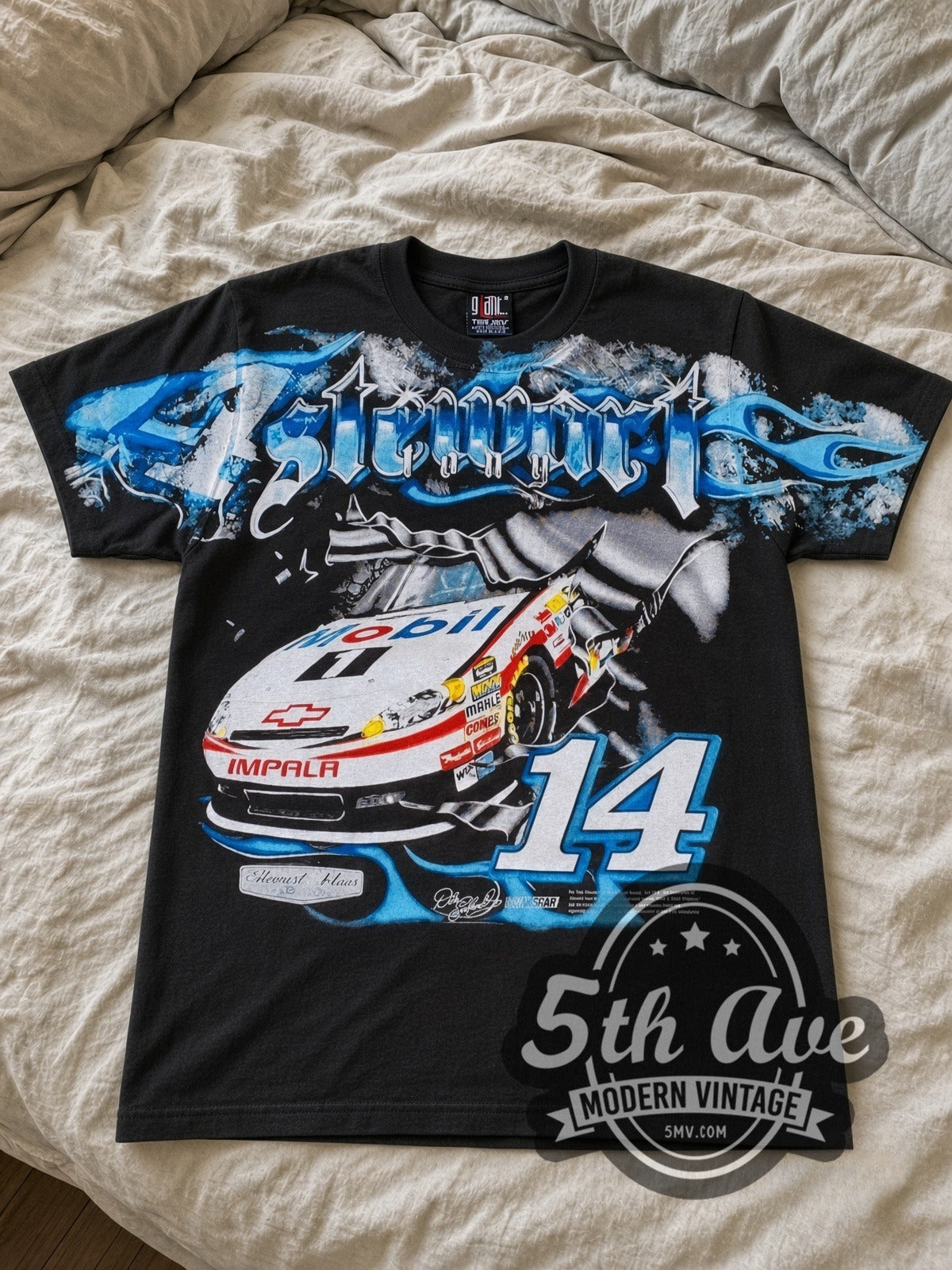 NASCAR Tony Stewart #14 Mobil 1 all-over-print vintage NASCAR tee laid flat