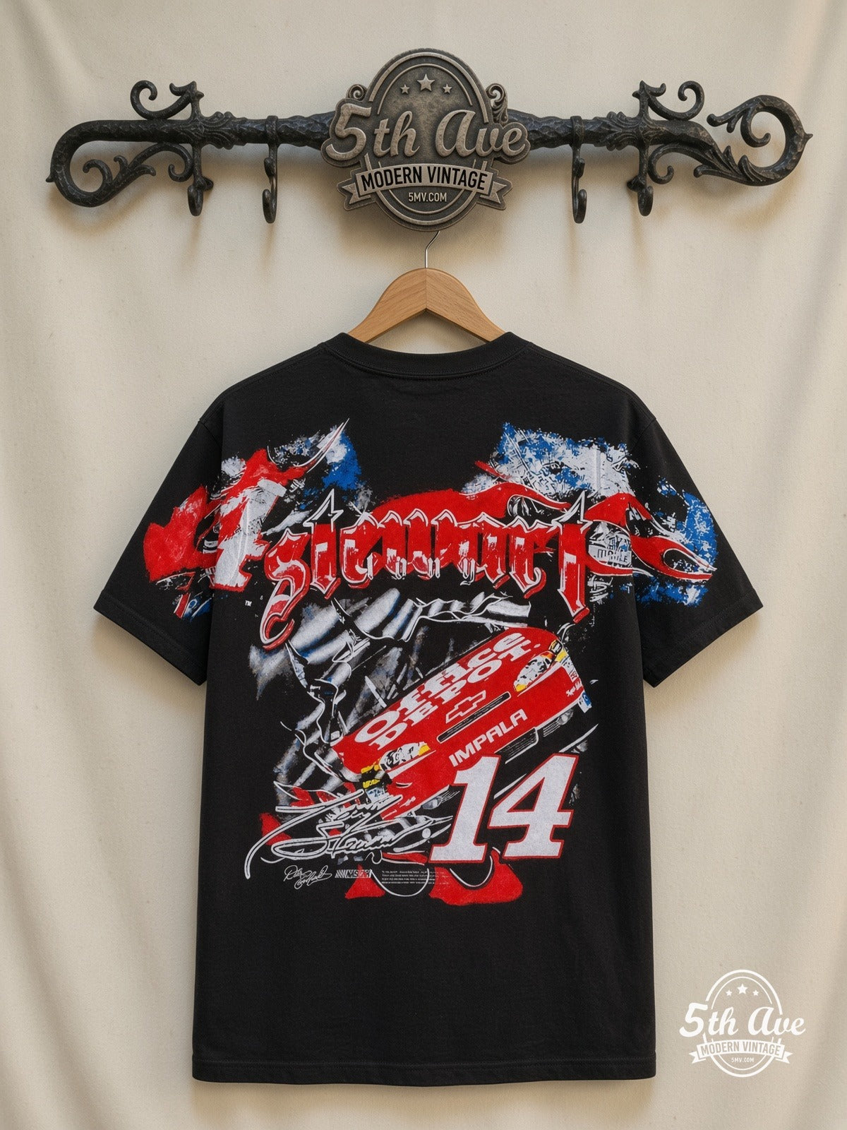 NASCAR Tony Stewart 14 Mobil 1 all over print vintage tee back on cream 5th Ave rack