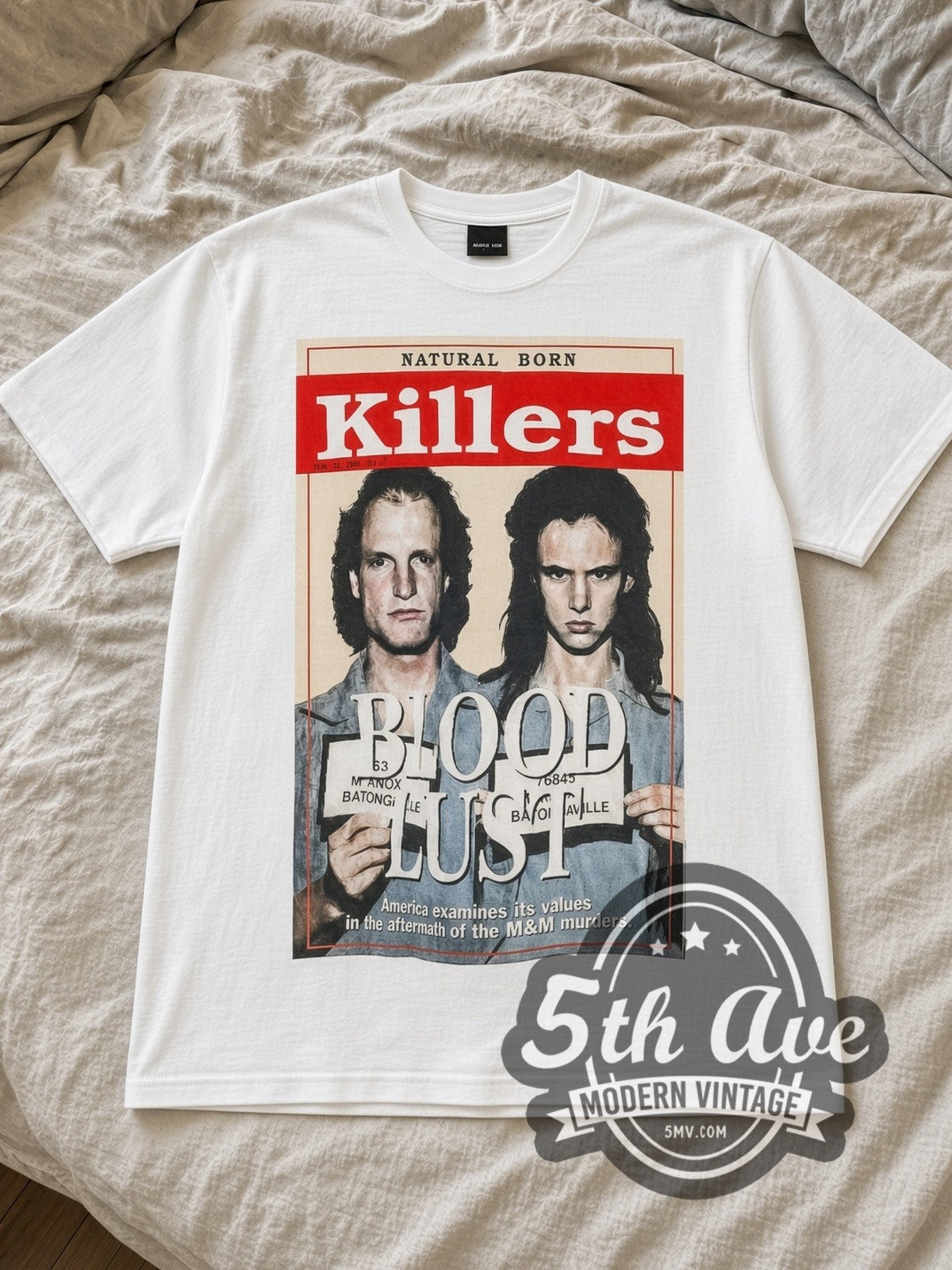 White Natural Born Killers Blood Lust Soundtrack Vintage Movie T-Shirt laid flat on a linen bed