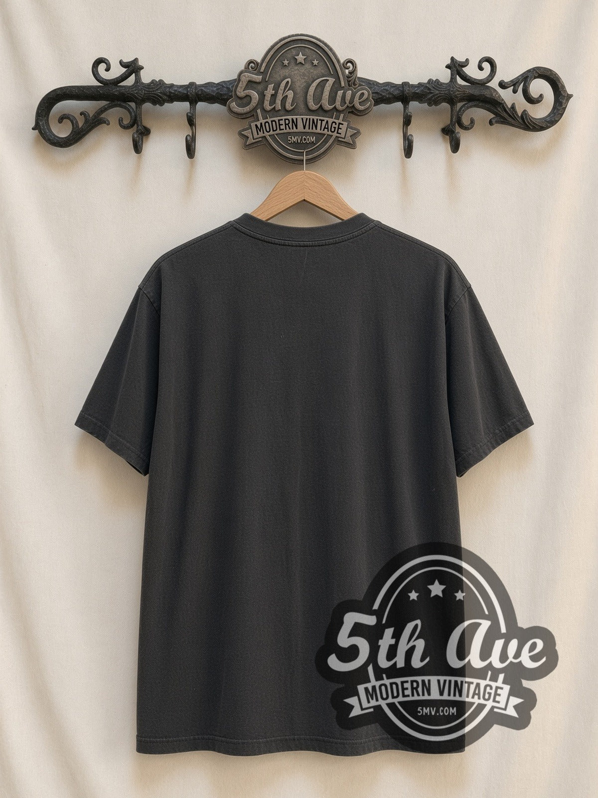 Neil Young Black and White Performance with Captain Boot Tag vintage band t-shirt, back view on the 5MV rack