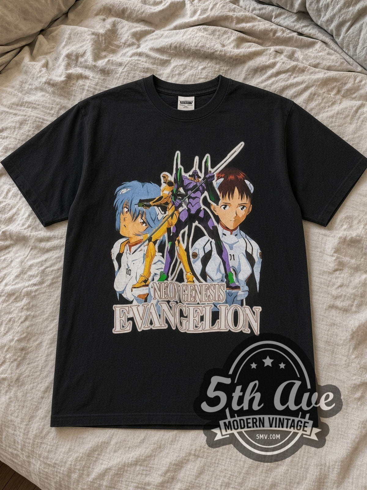 Black Neon Genesis Evangelion Shinji and Rei Vintage Anime T-Shirt laid flat on a linen bed