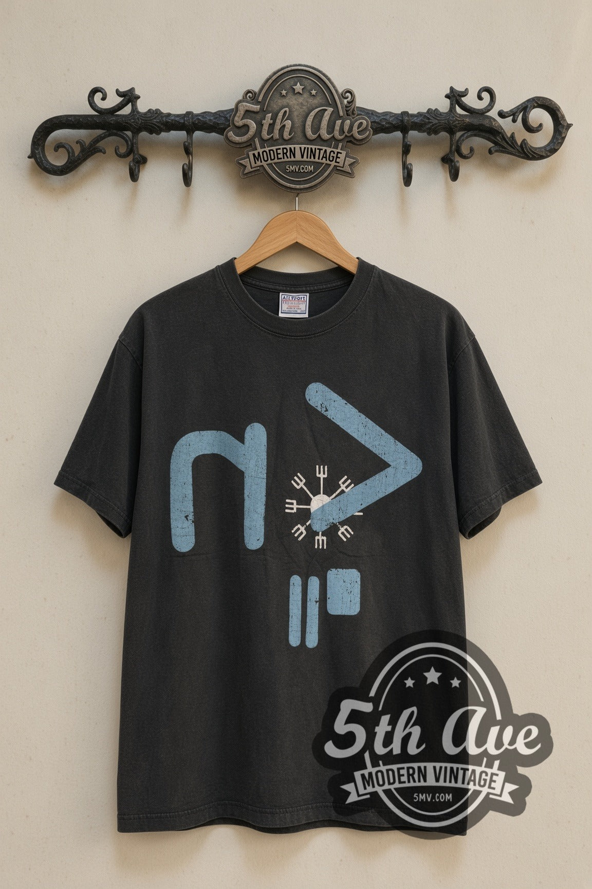 Nine Inch Nails blue NIN logo band t-shirt front on cream 5th Ave rack