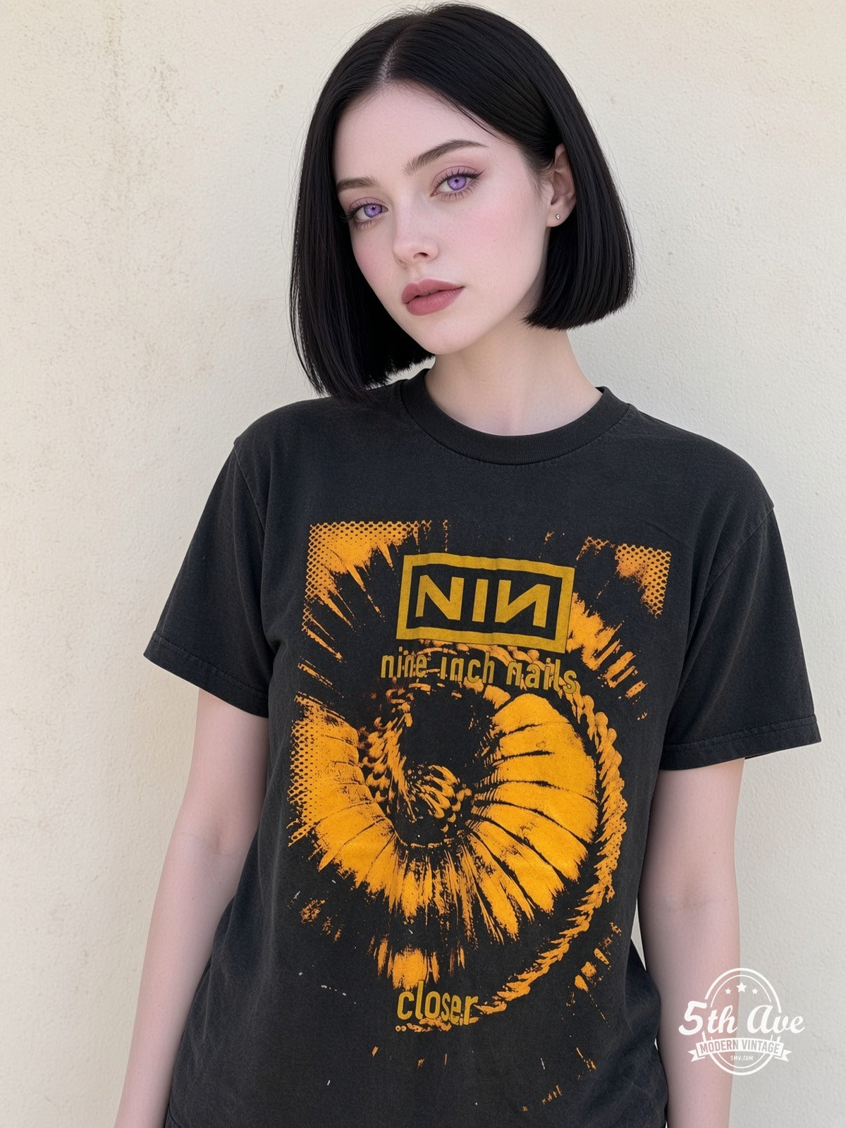 Model wearing Nine Inch Nails Closer Downward Spiral vintage t-shirt