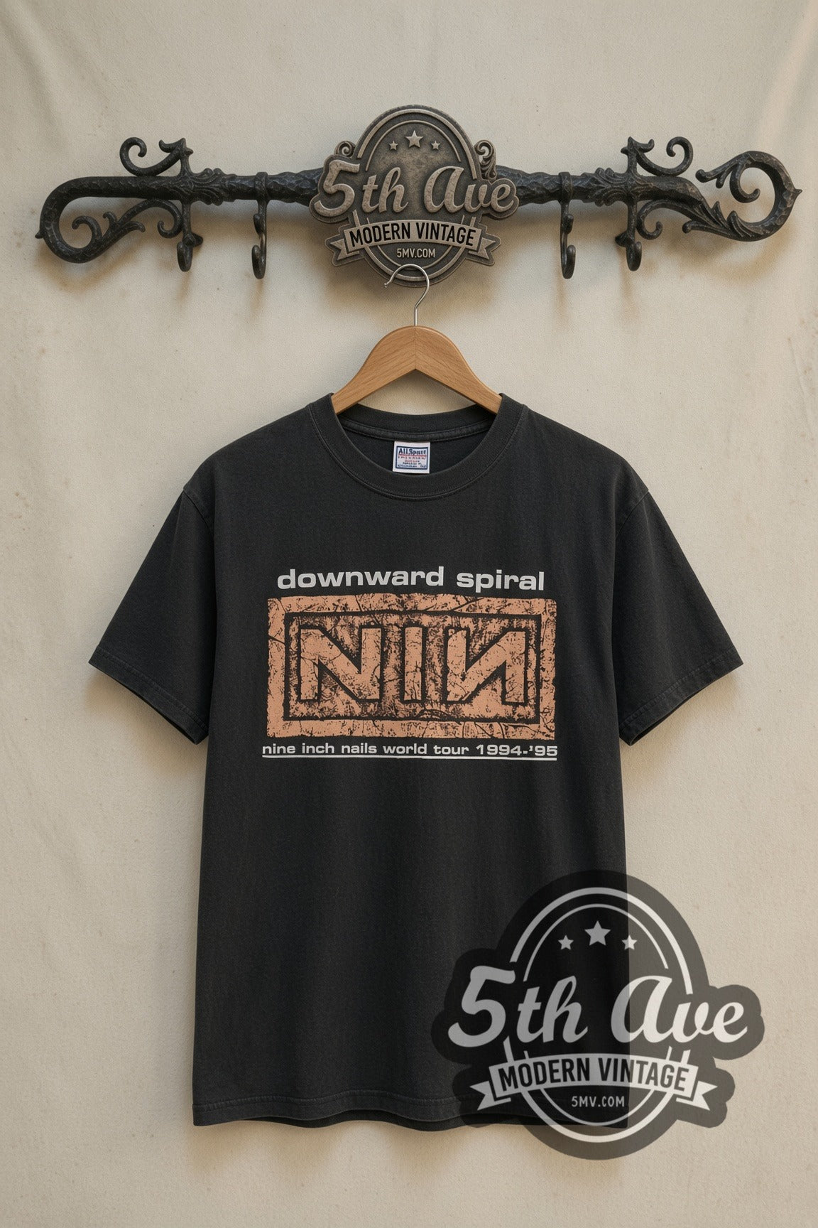 Nine Inch Nails Downward Spiral World Tour 94-95 band t-shirt front on cream 5th Ave rack