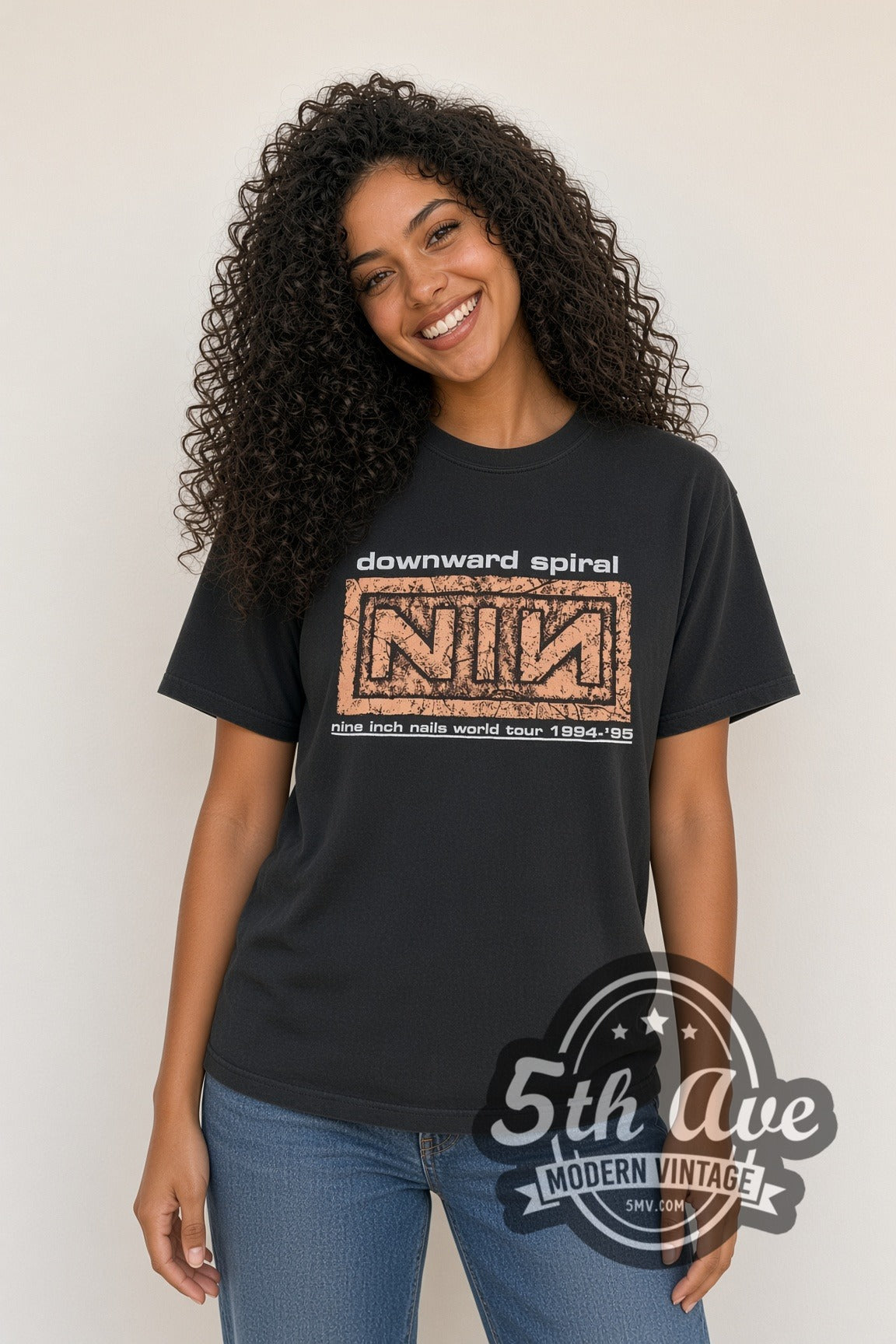 Woman wearing Nine Inch Nails Downward Spiral World Tour vintage band t-shirt
