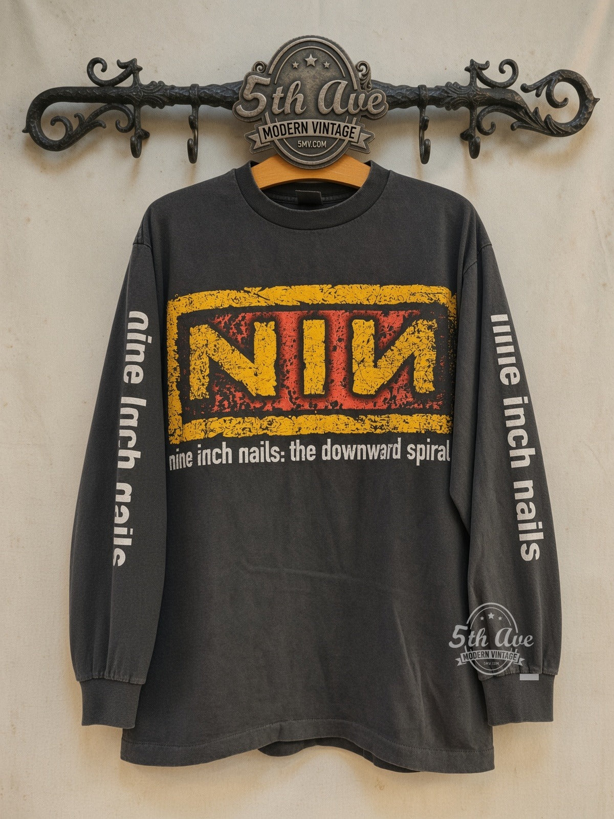 Nine Inch Nails Downward Spiral Yellow NIN Logo Long Sleeve vintage band t-shirt front on cream 5th Ave rack