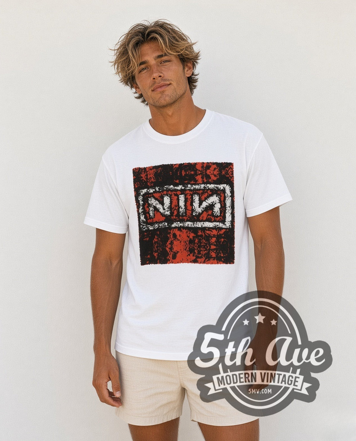 Model wearing the Nine Inch Nails In Concert White vintage band t-shirt