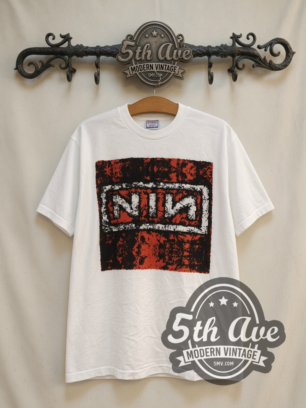 Nine Inch Nails In Concert White vintage band t-shirt, front view on the 5MV rack