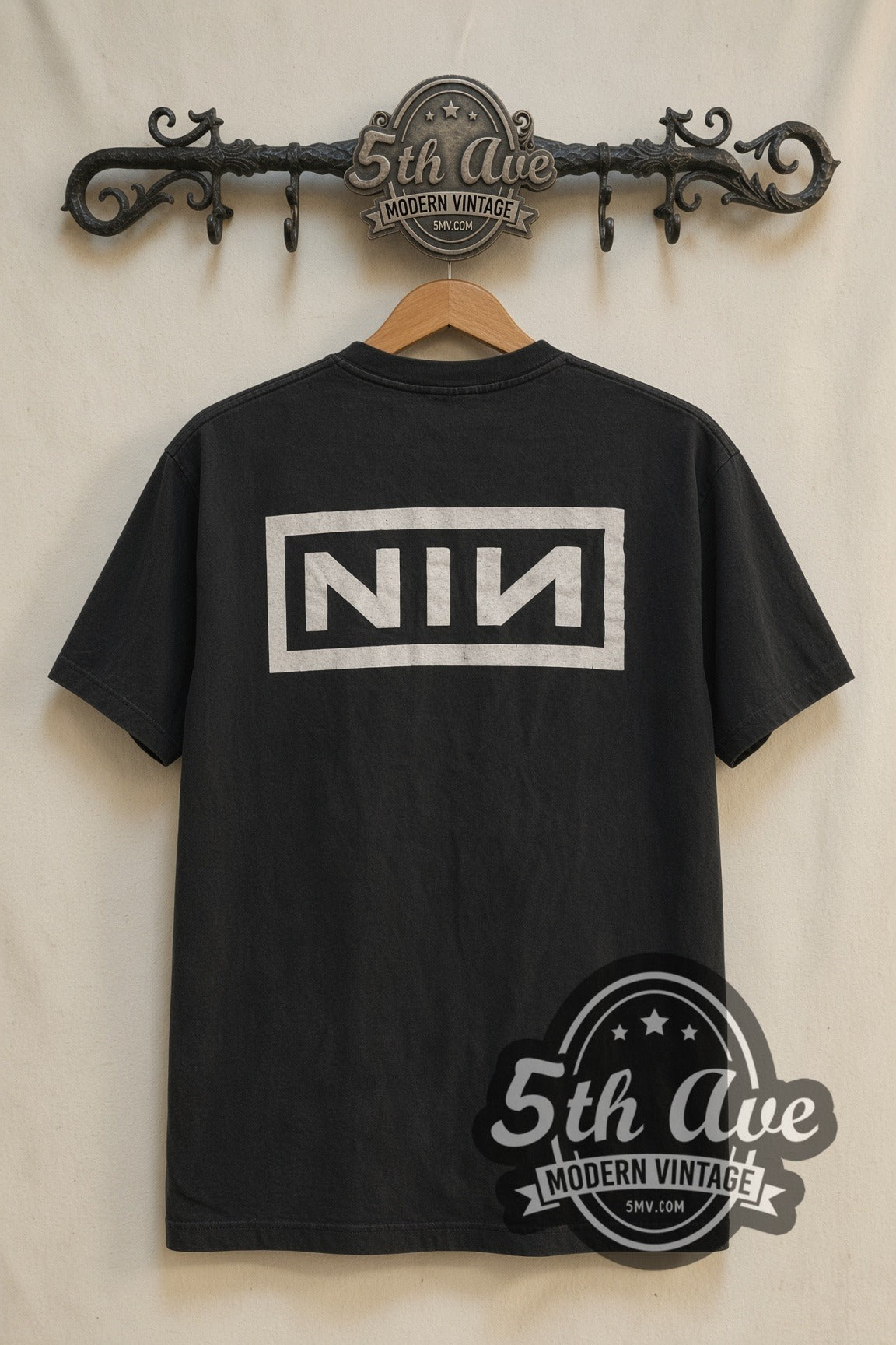 Nine Inch Nails Kneeling Figure NIN Logo vintage band t-shirt, back view on the 5MV rack
