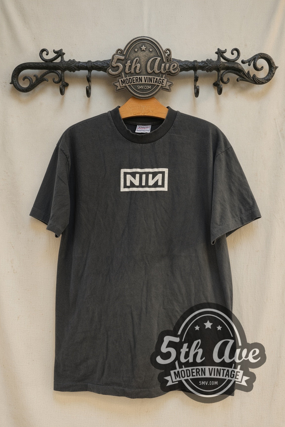 Nine Inch Nails Small Boxed NIN Logo vintage band t-shirt front on cream 5th Ave rack