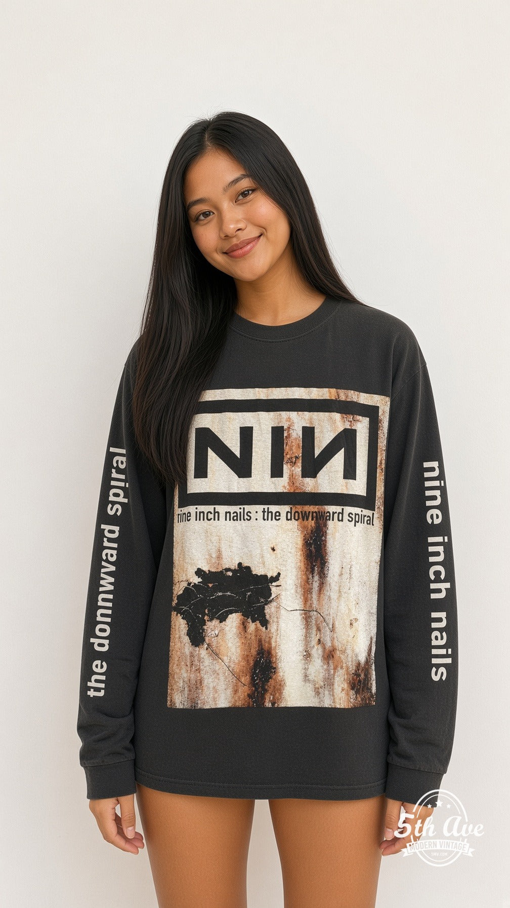 Model wearing Nine Inch Nails The Downward Spiral Nothing Records Long Sleeve vintage t-shirt