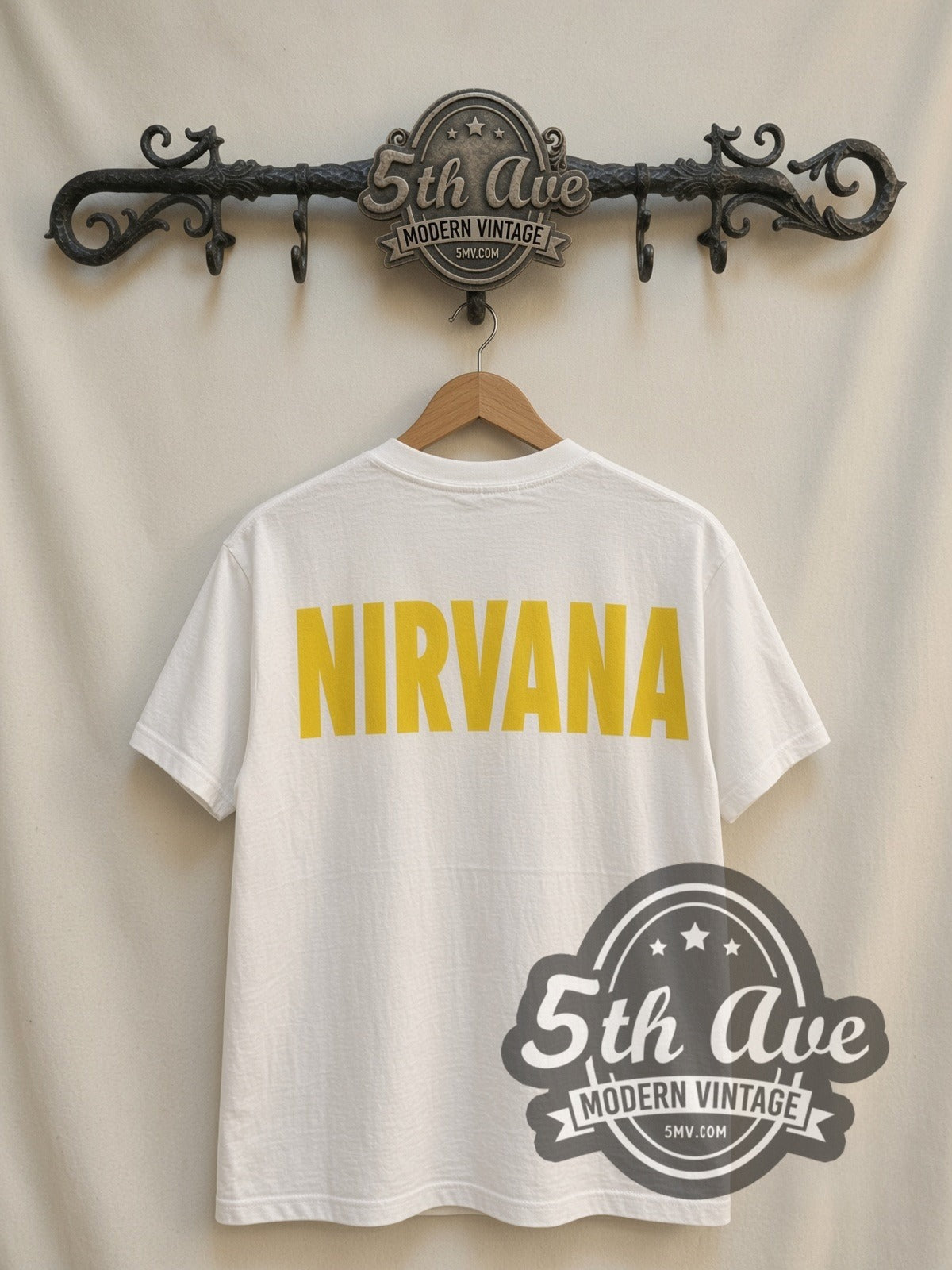 Nirvana Astro Arena Houston Dec 6 1993 vintage band t-shirt, back view on a display rack