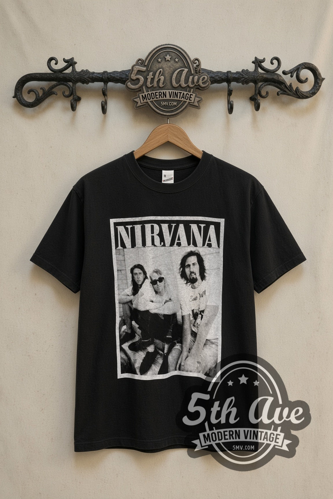 Nirvana Band Photo Frames band t-shirt in black, front view on a display rack