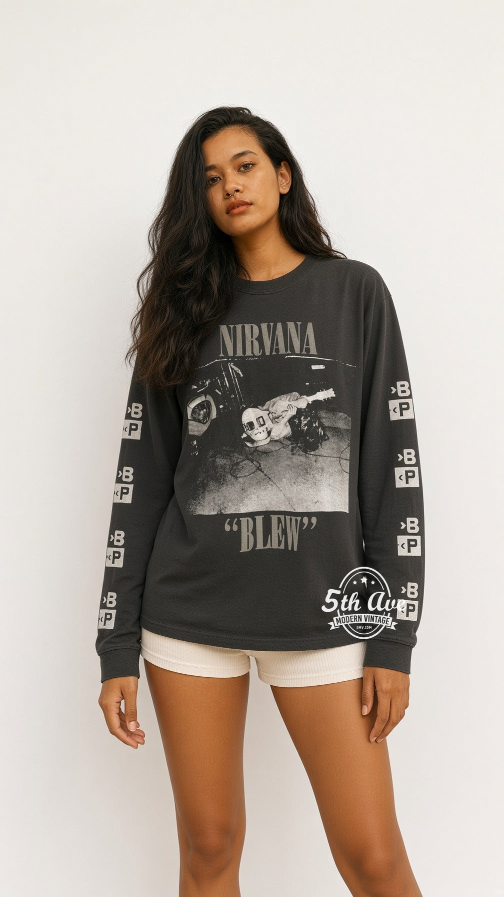 Model wearing Nirvana Blew Kurt Stage Floor Sub Pop LS vintage t-shirt
