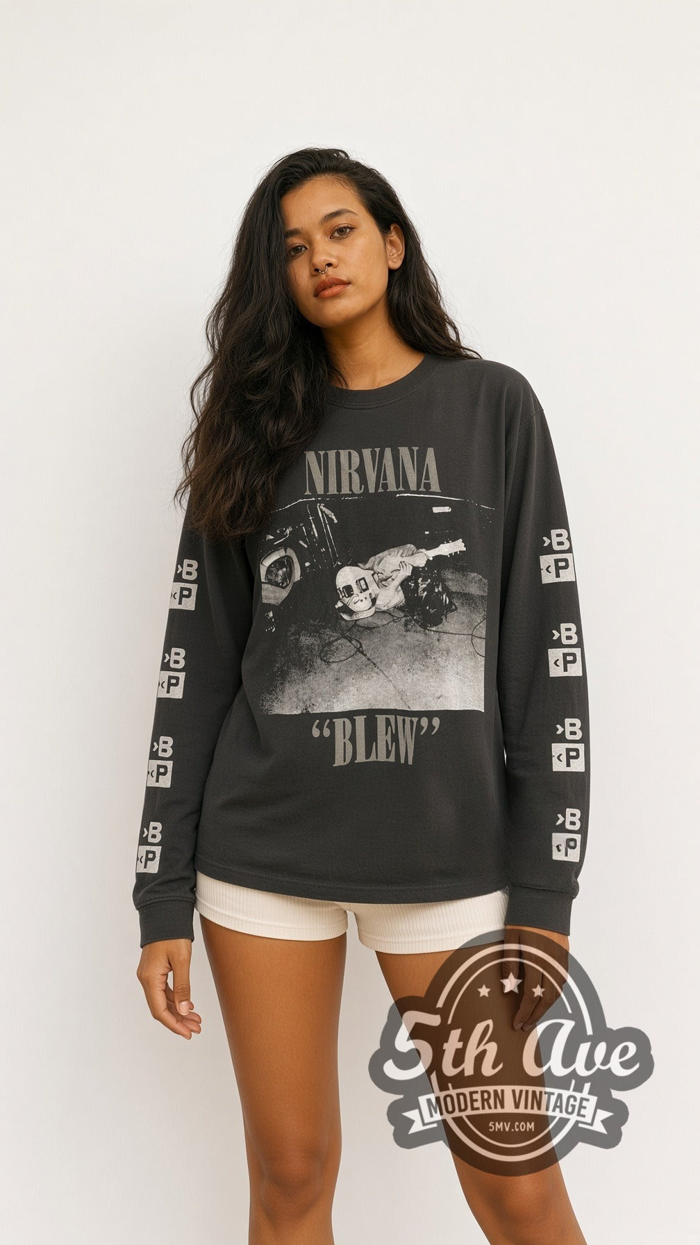Model wearing the Nirvana Blew Sub Pop vintage band long sleeve t-shirt