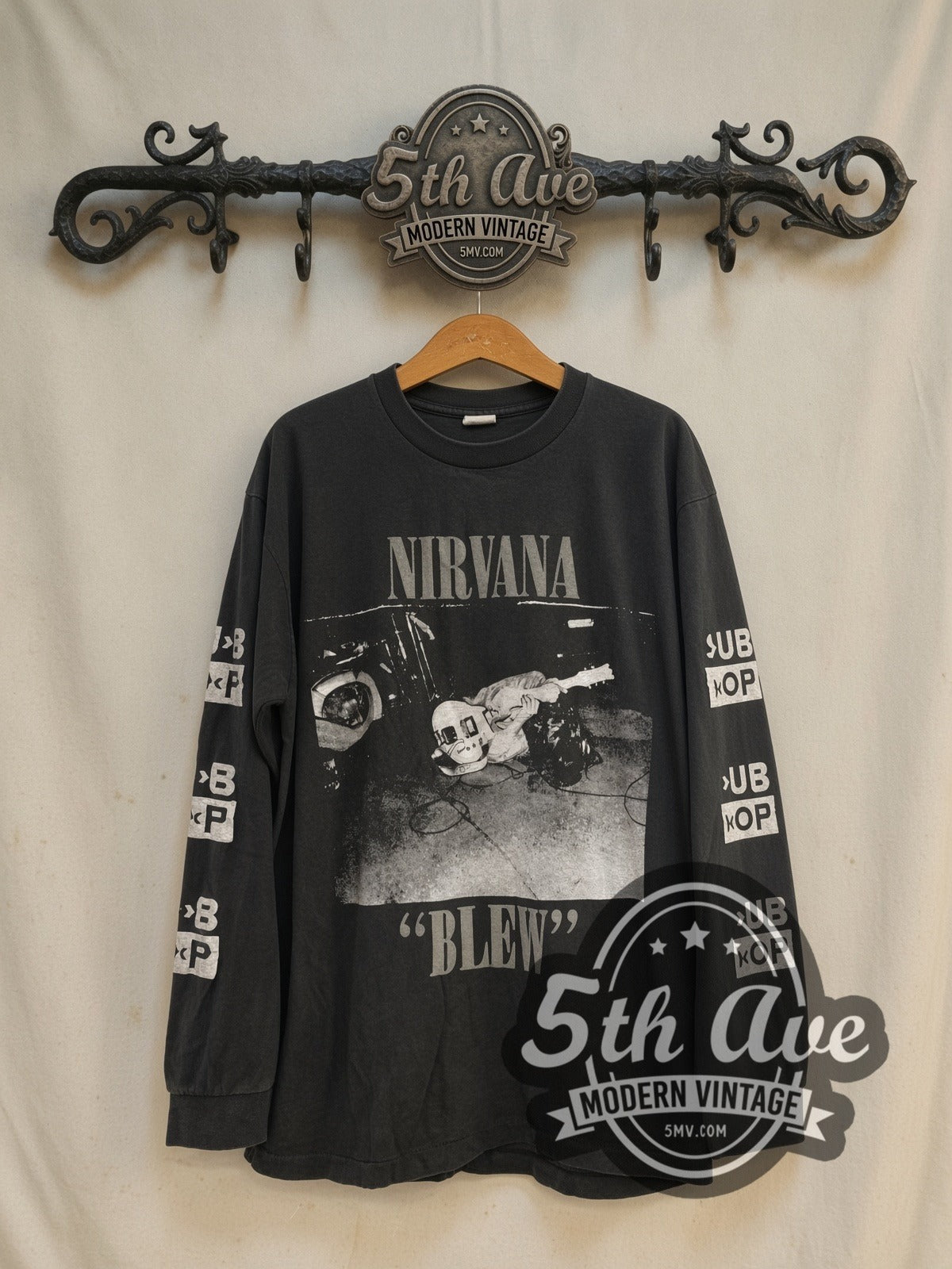 Nirvana Blew Sub Pop vintage band long sleeve t-shirt, front view on a display rack