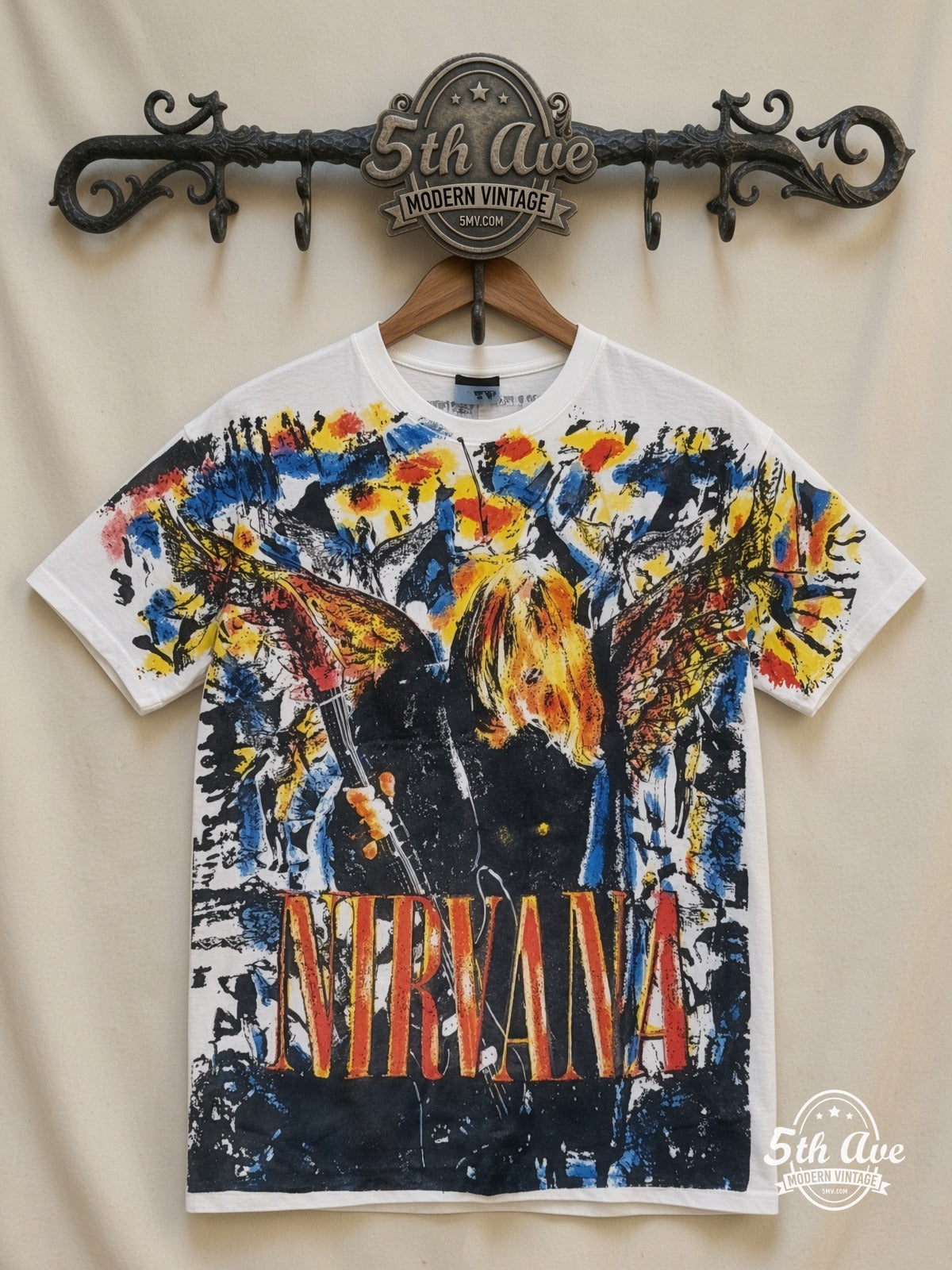 Nirvana Faces Collage all over print vintage band t-shirt front on cream 5th Ave rack