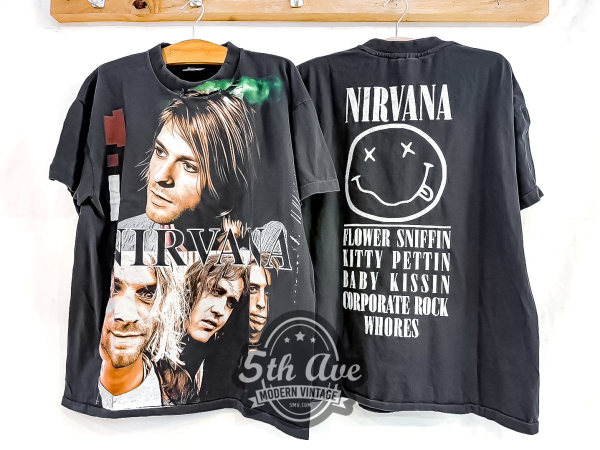 Nirvana 'Flower Sniffin, Kitty Pettin, Baby Kissin, Corporate Rock Whores' - AOP Vintage Reprint Band T-Shirt - Vintage Band Shirts