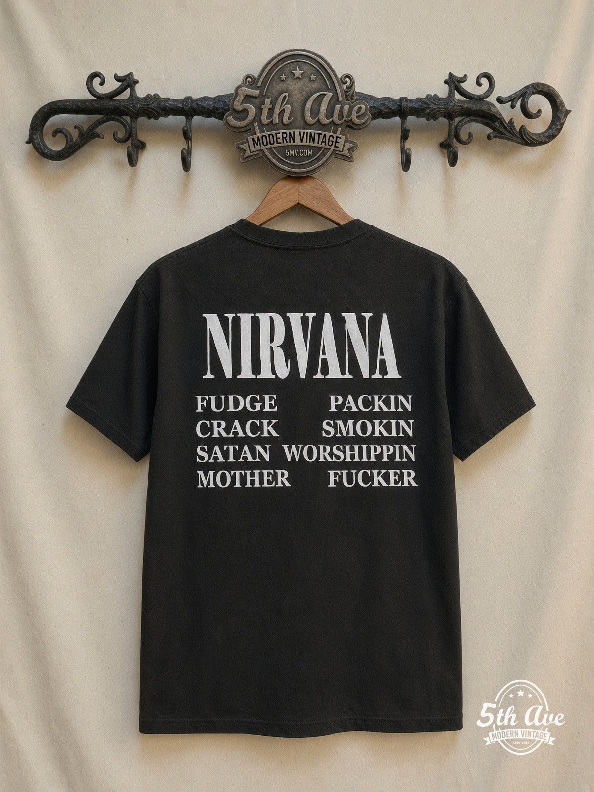 Nirvana Grunge Is Dead Yellow Kurt all over print vintage tee back on cream 5th Ave rack