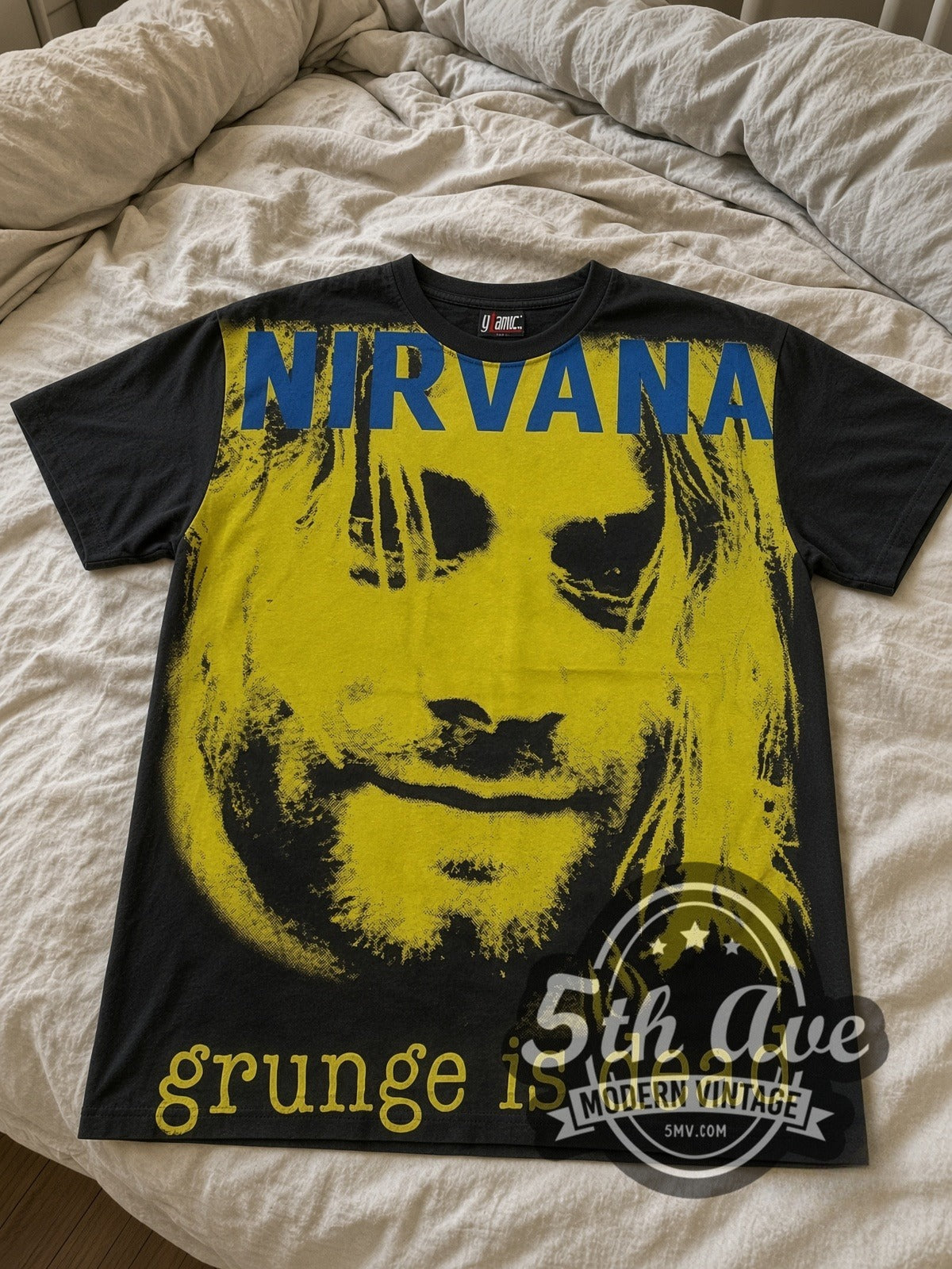 Nirvana Grunge Is Dead Yellow Kurt all-over-print vintage band tee laid flat