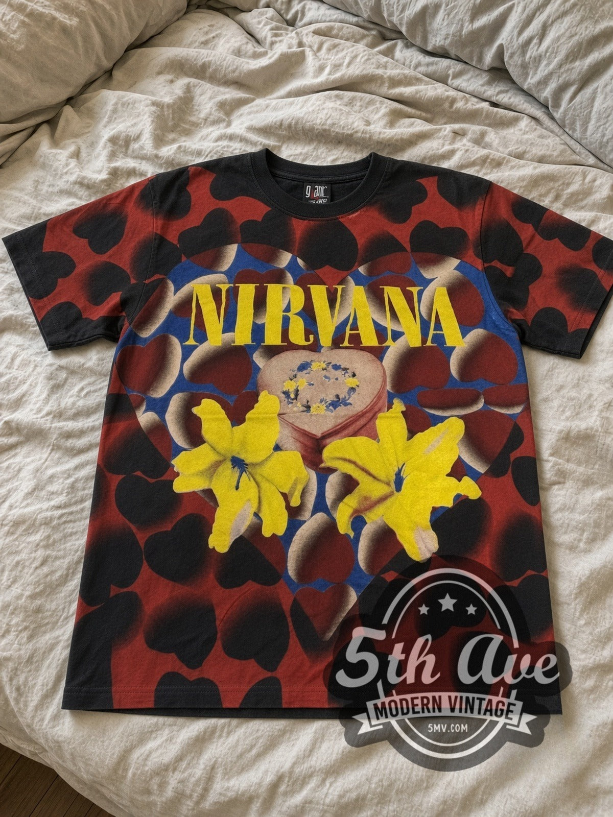 Nirvana Heart Lilies all-over-print vintage band tee laid flat