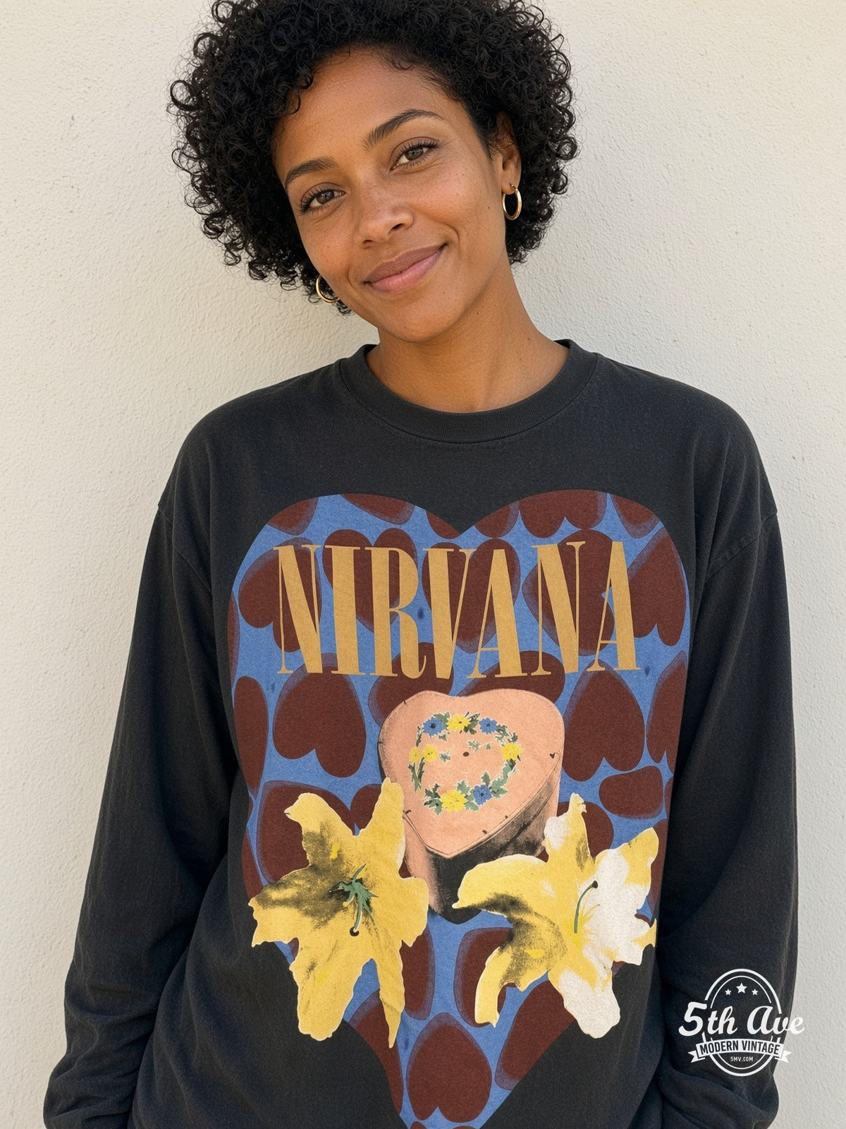 Model wearing Nirvana Heart Lilies In Utero vintage t-shirt