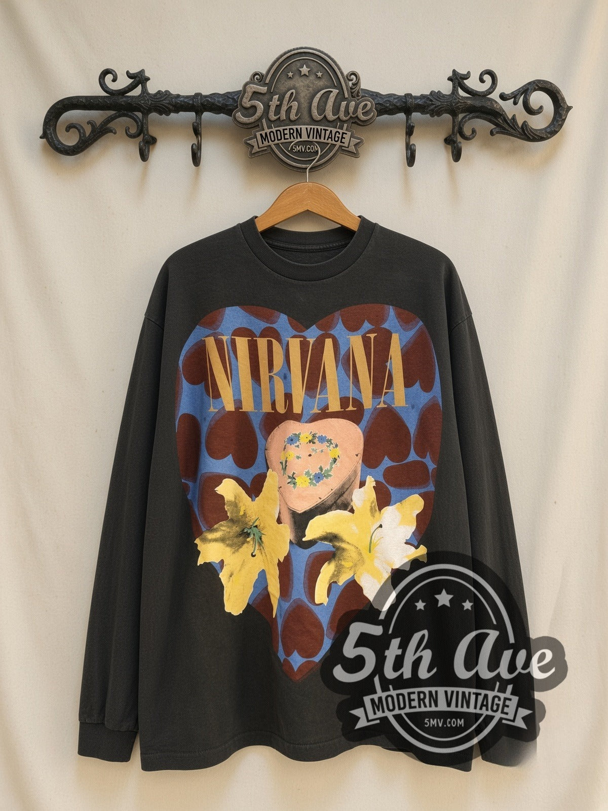 Nirvana Heart Lilies In Utero vintage band long sleeve t-shirt, front view on a display rack