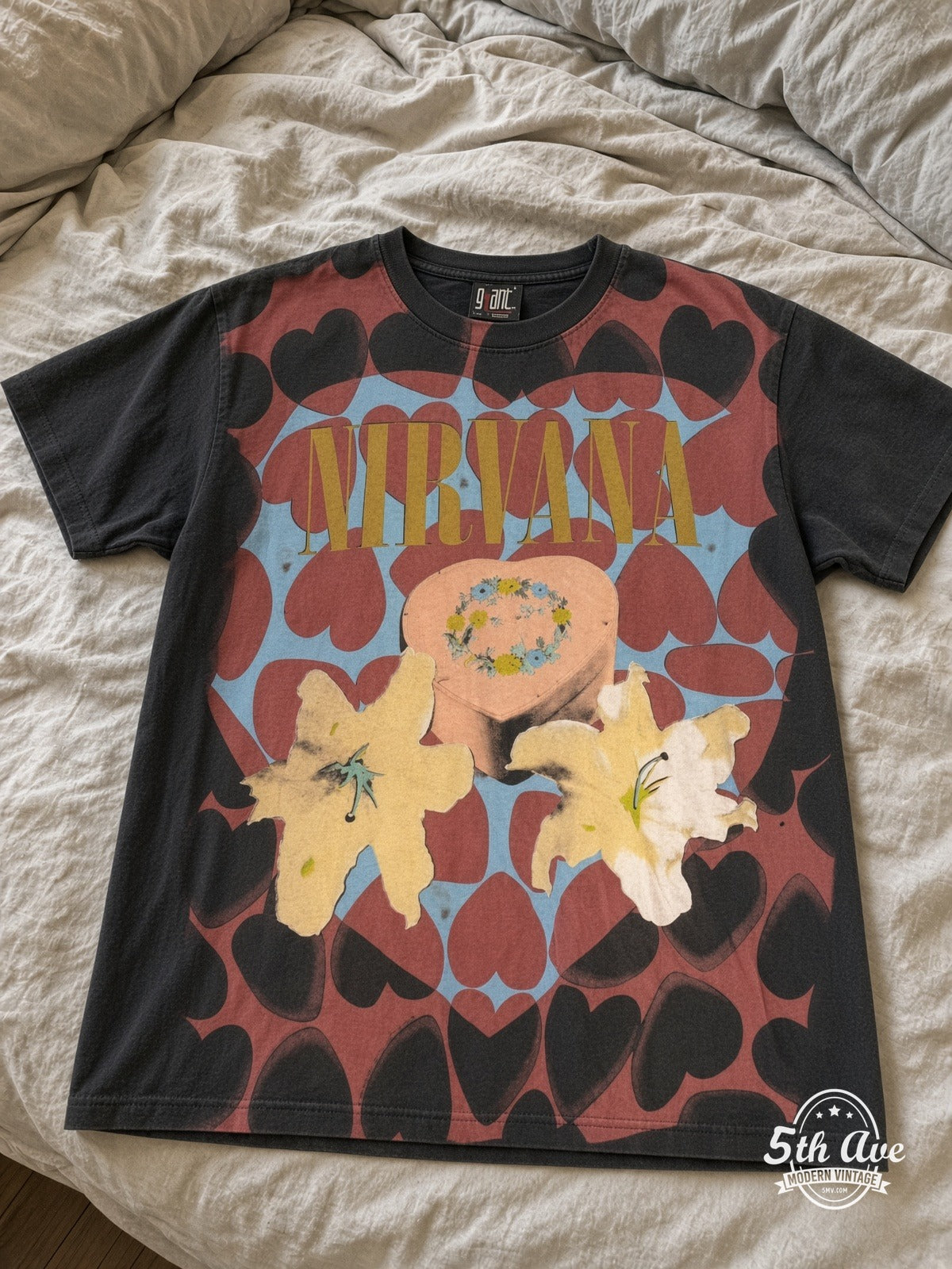 Nirvana Heart-Shaped Box In Utero Hearts Lilies vintage tee laid on bed