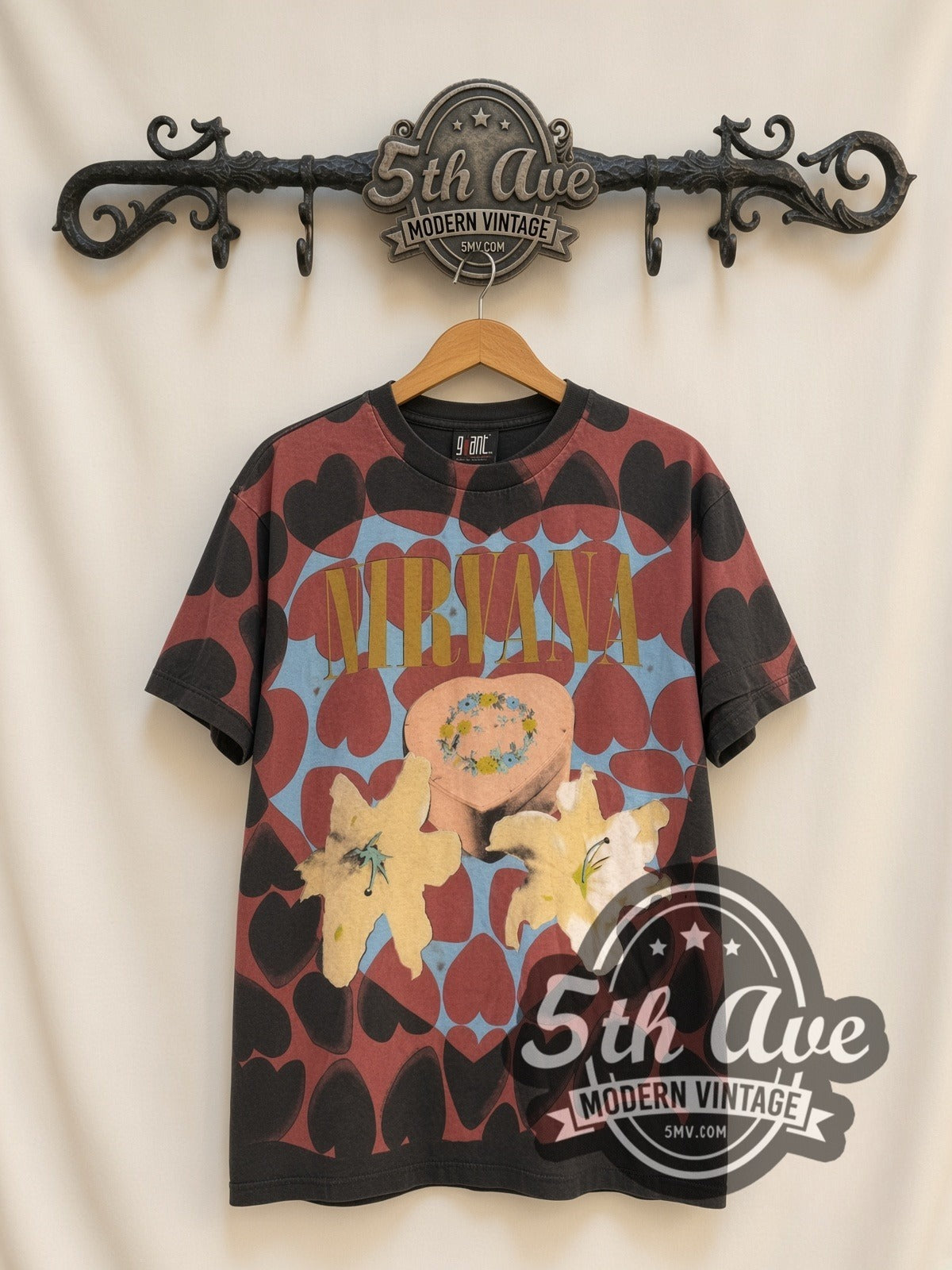 Nirvana Heart-Shaped Box / In Utero Hearts vintage band t-shirt, front view on a display rack