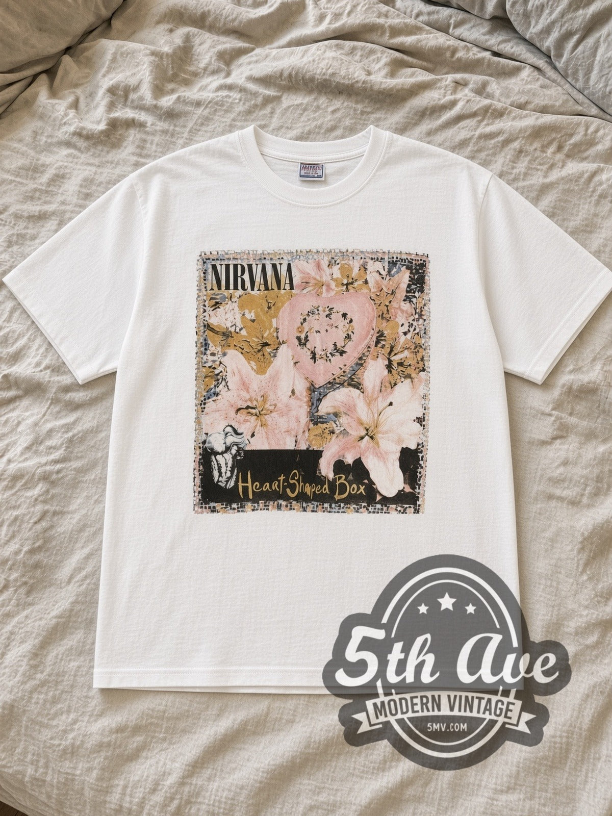 Nirvana Heart-Shaped Box Single / In Utero Angel White vintage band tee laid flat