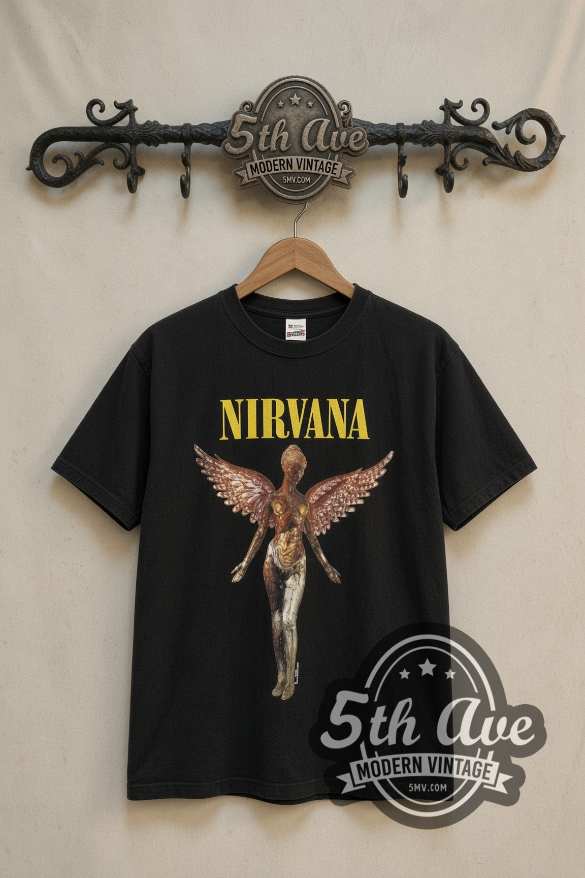 Nirvana In Utero Angel band t-shirt in black, front view on a display rack