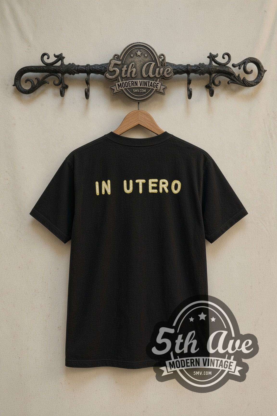 Nirvana In Utero Angel band t-shirt in black, back view on a display rack
