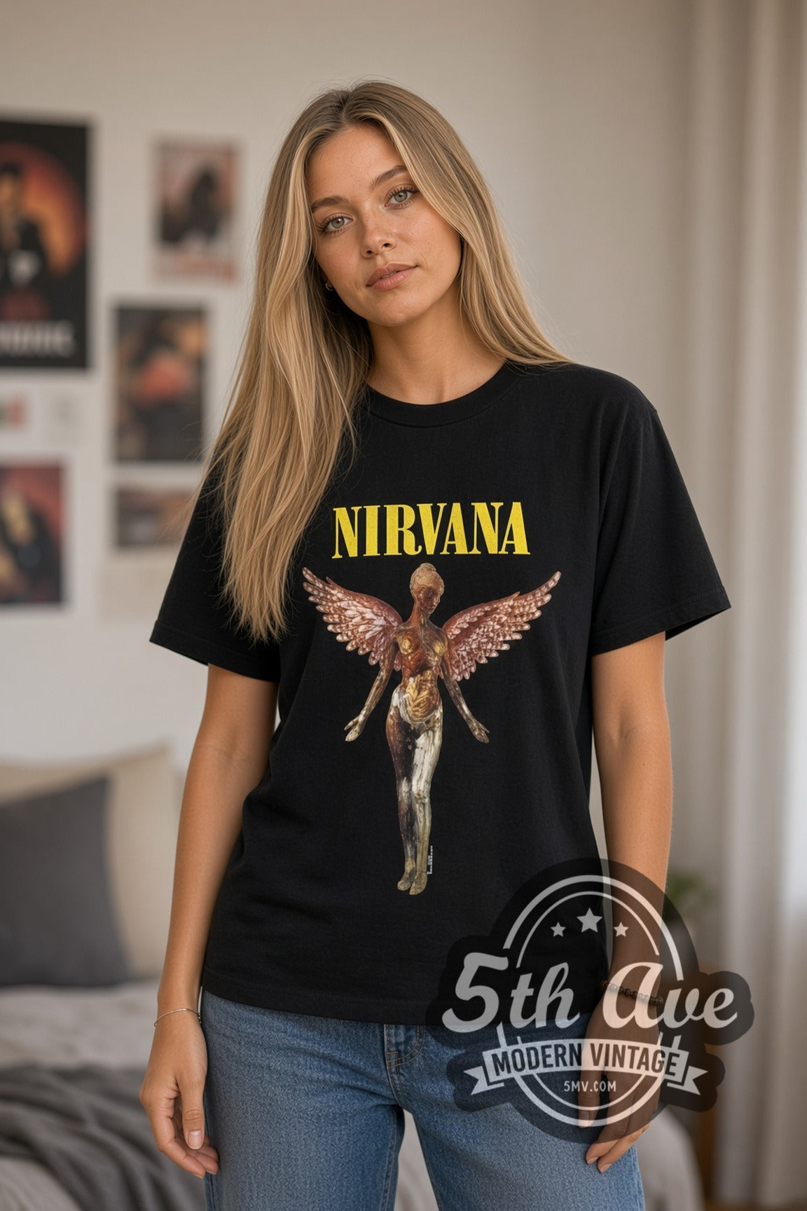 Model wearing the Nirvana In Utero Angel band t-shirt in black