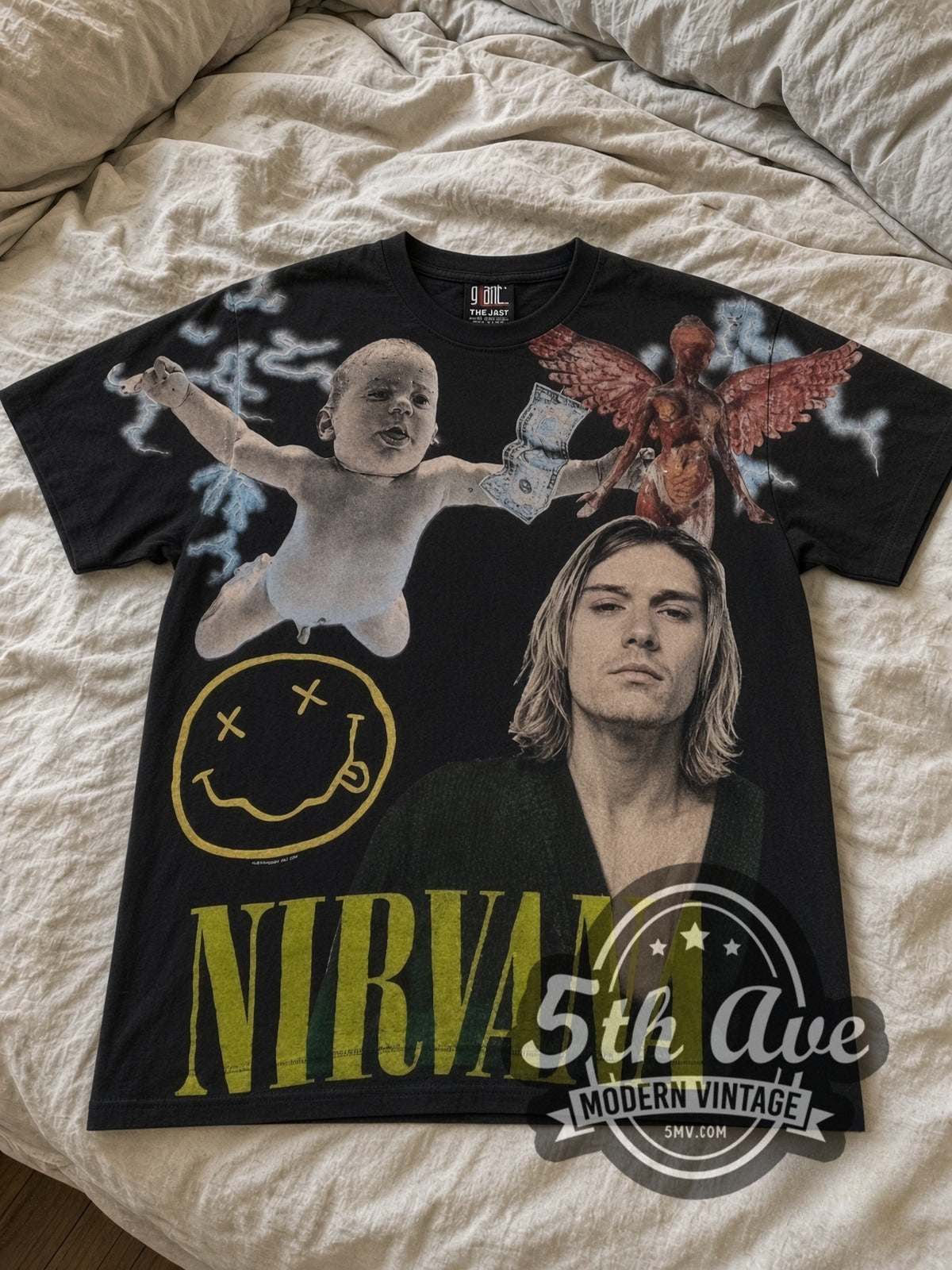 Nirvana In Utero Angel Smiley all-over-print vintage band tee laid flat