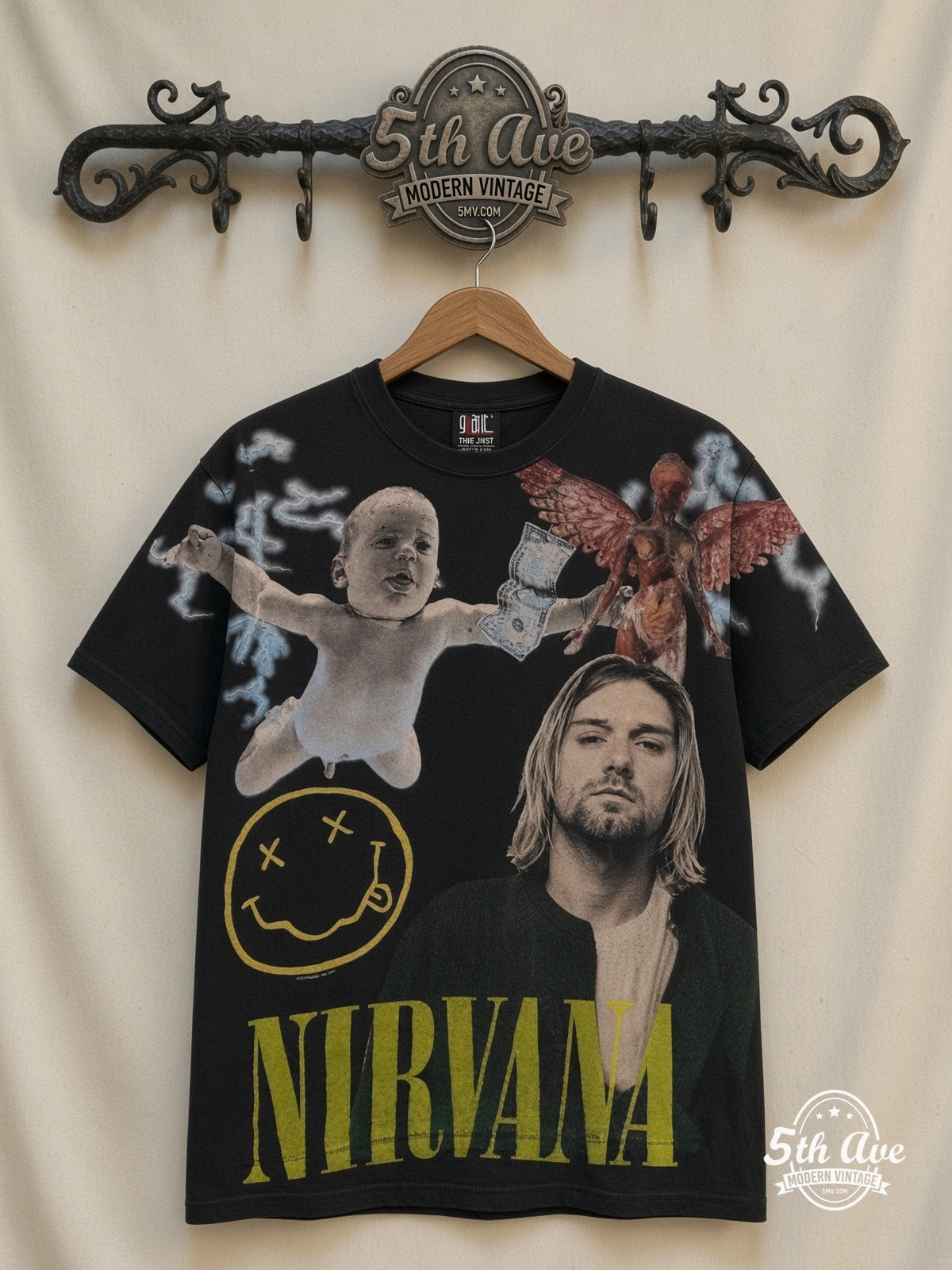 Nirvana In Utero Angel Smiley all over print vintage band t-shirt front on cream 5th Ave rack