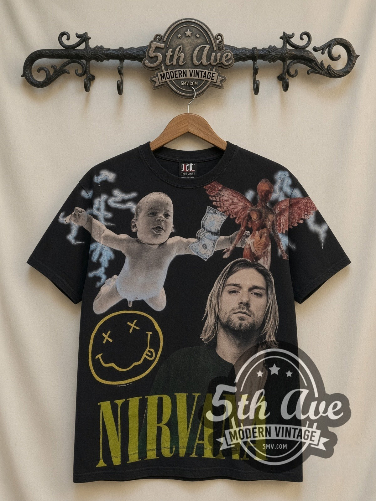 Nirvana In Utero Angel Smiley all-over-print vintage band t-shirt in black, front view on a display rack