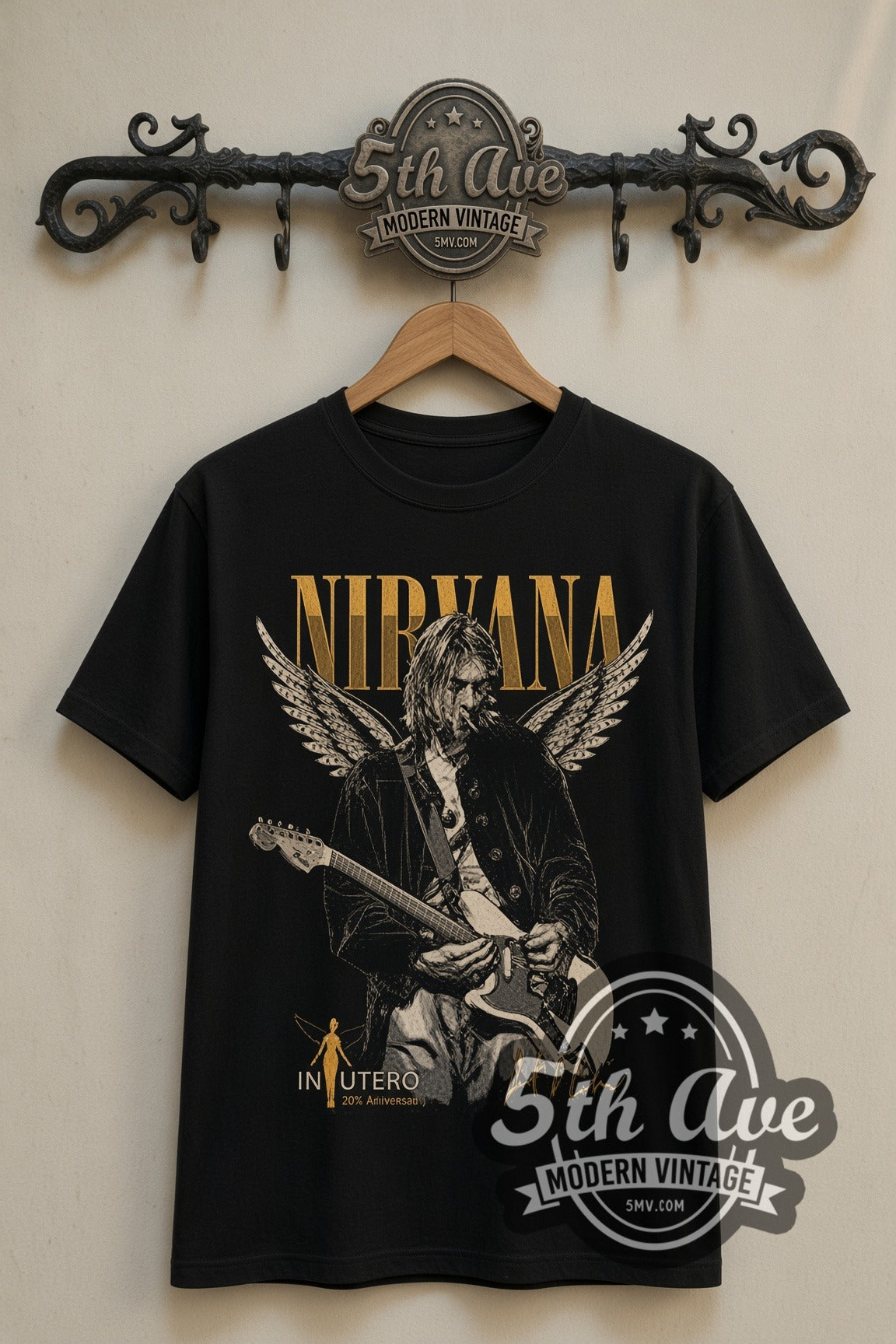 Nirvana Kurt Cobain In Utero Winged Guitar double stitched black tee front on dark iron 5th Ave rack