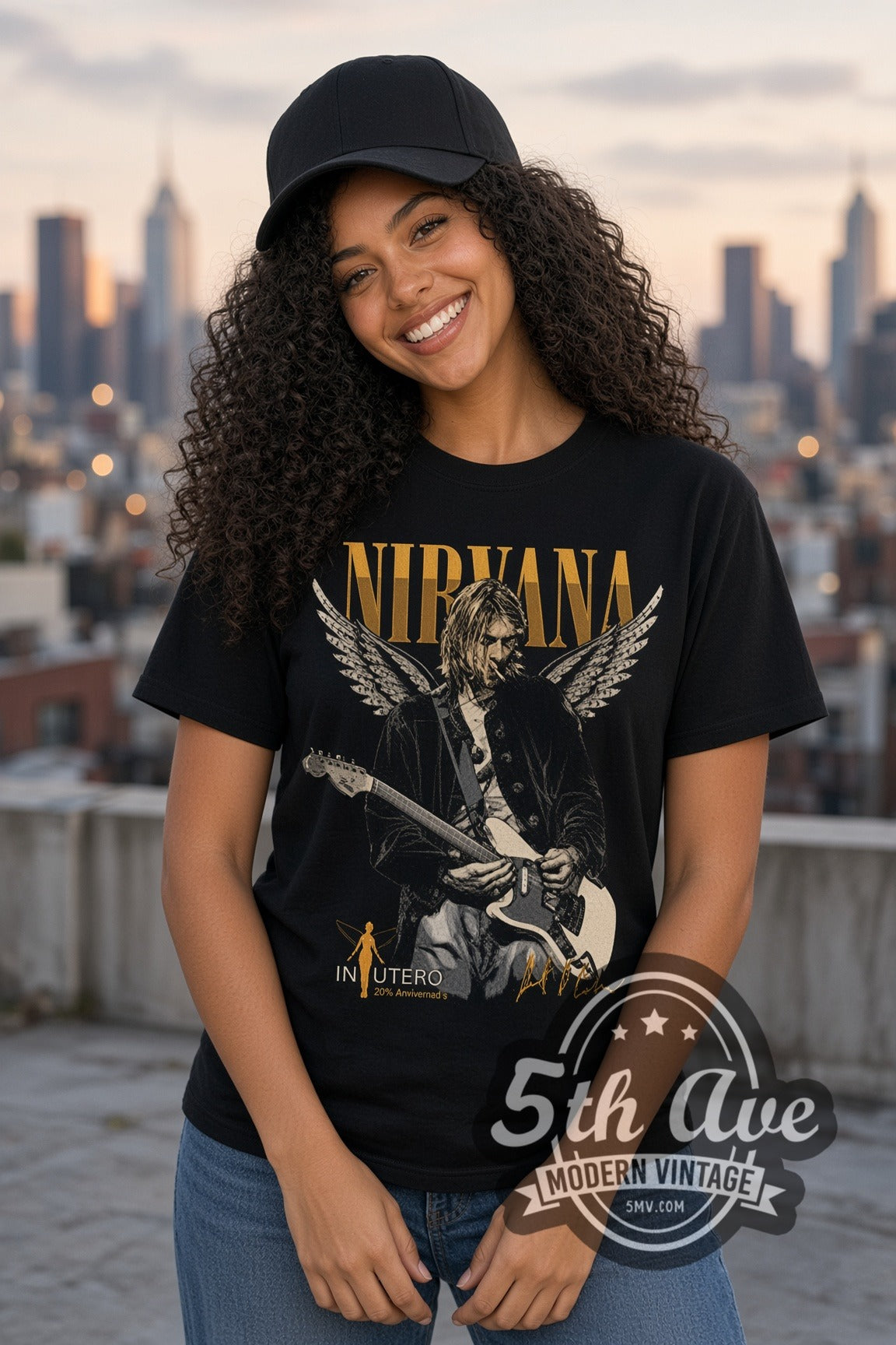 Woman wearing Nirvana Kurt Cobain In Utero Winged Guitar double stitched black graphic tee