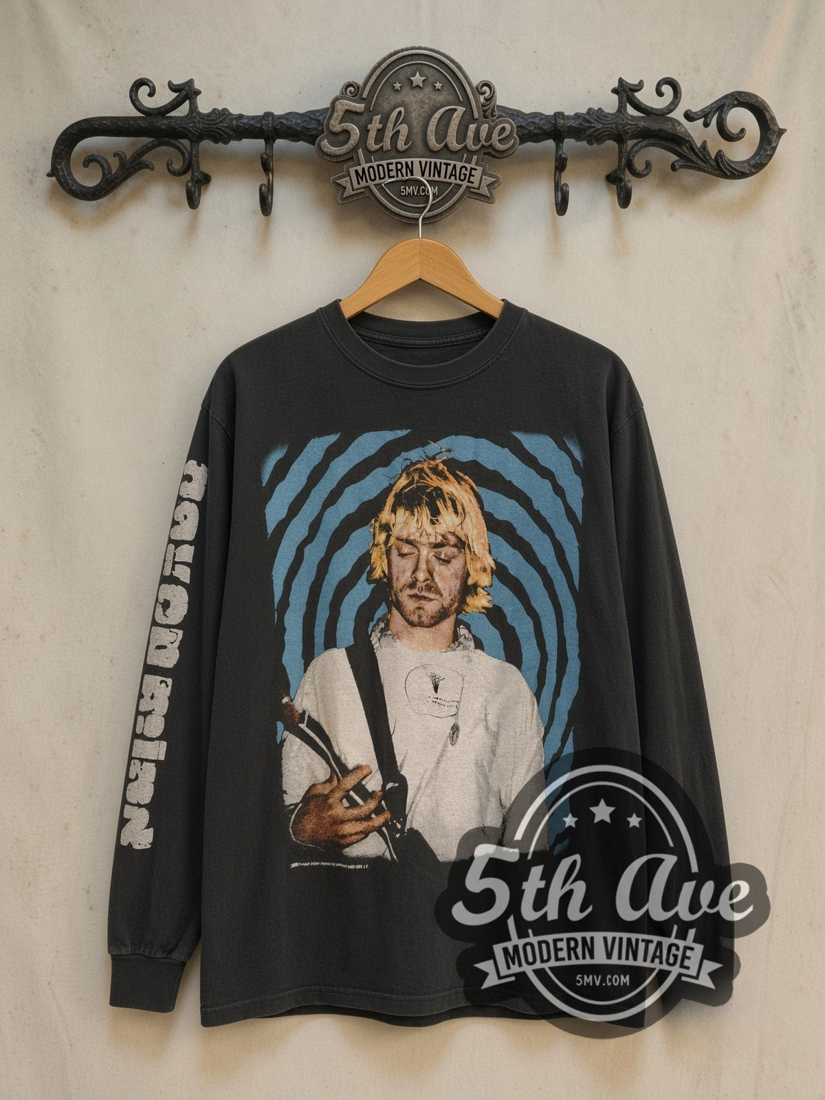 Nirvana Nevermind Kurt Spiral vintage band long sleeve t-shirt, front view on a display rack