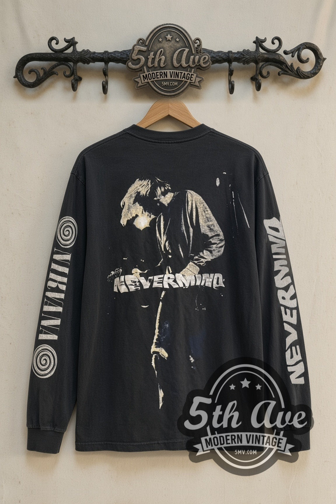 Back print of Nirvana Nevermind Kurt Cobain long sleeve tee on the 5MV rack