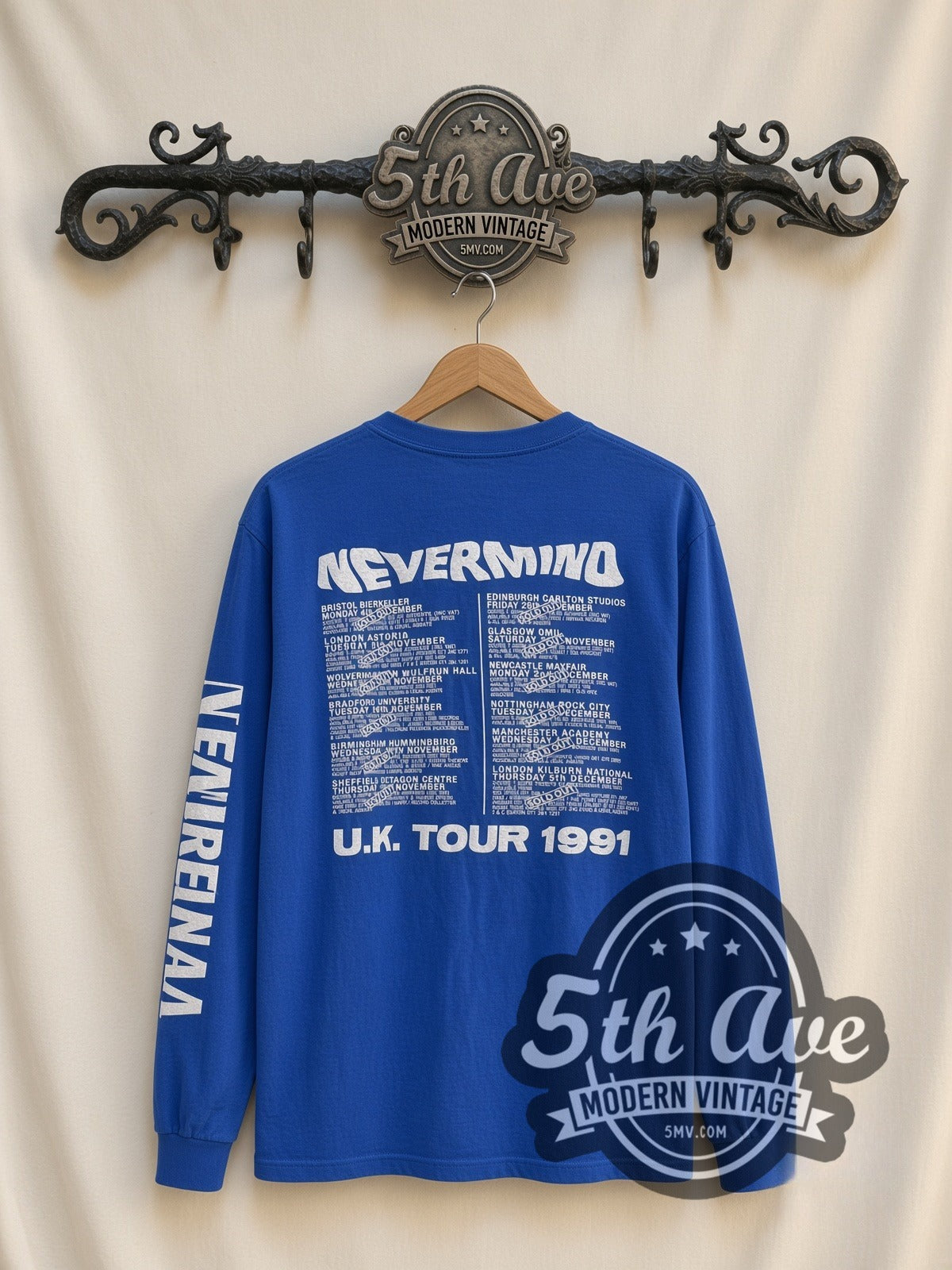 Nirvana Nevermind UK Tour 1991 vintage band long sleeve t-shirt, back view on a display rack