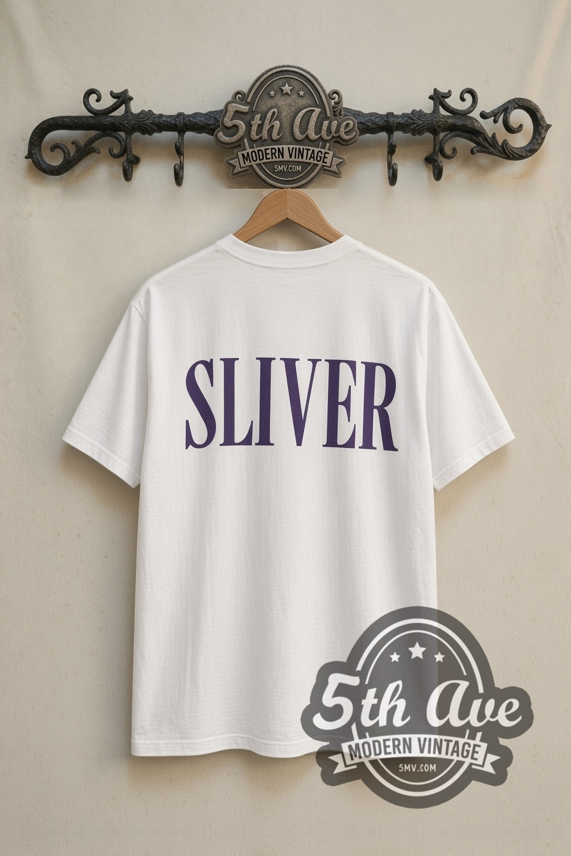 Nirvana Sliver vintage band t-shirt in white on the 5MV rack, back view: purple SLIVER lettering across the upper back